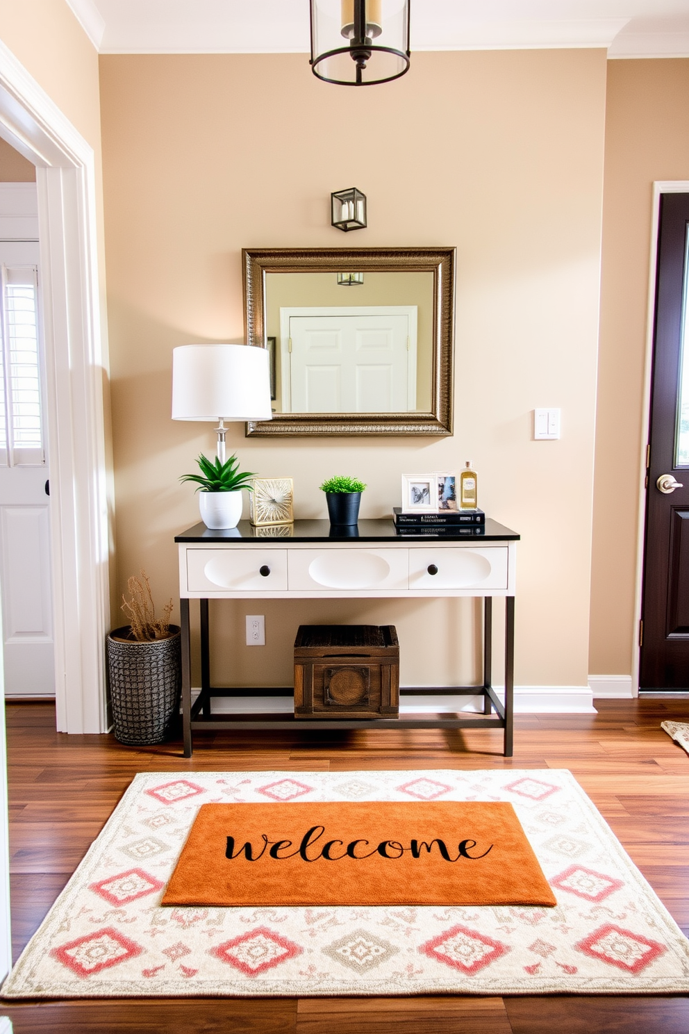 A personalized welcome mat is placed at the entrance of a charming foyer. The space features soft lighting and a stylish console table adorned with decorative items and a small potted plant. The walls are painted in a warm neutral tone, complemented by a beautiful area rug that adds texture. A statement mirror hangs above the console, reflecting the inviting atmosphere of the entrance.