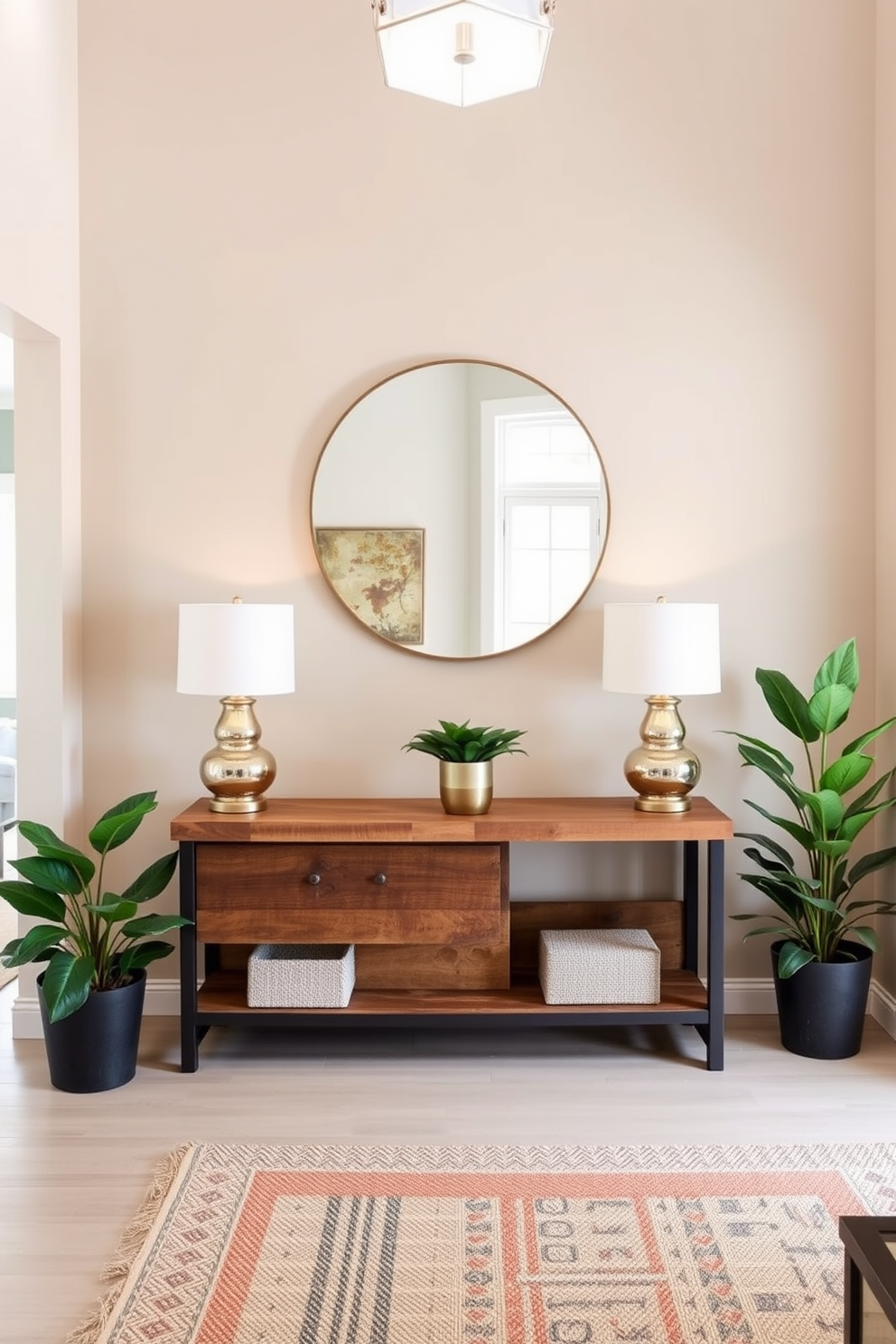 A welcoming entrance foyer with a cohesive decor theme that emphasizes unity. The walls are painted in a soft beige, complemented by a statement console table made of reclaimed wood. Flanking the table are two elegant table lamps with fabric shades that cast a warm glow. A large round mirror hangs above the console, reflecting the natural light from an adjacent window. The floor is adorned with a textured area rug that adds warmth and comfort. Potted greenery is placed strategically to enhance the inviting atmosphere and create a seamless flow into the living space.