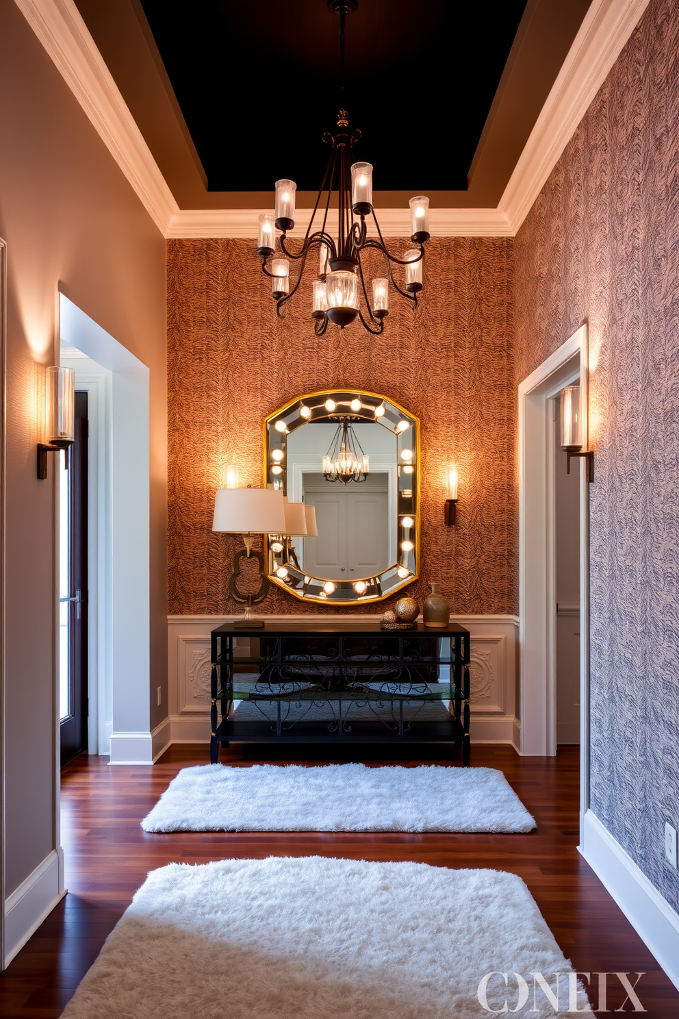 A welcoming entrance foyer that combines layered lighting for ambiance and warmth. The space features a stunning chandelier above, complemented by wall sconces that cast a soft glow on the textured wallpaper. The flooring is a rich hardwood that adds warmth, while a plush area rug defines the space. A stylish console table is adorned with decorative items and a statement mirror, enhancing the sense of depth and elegance.