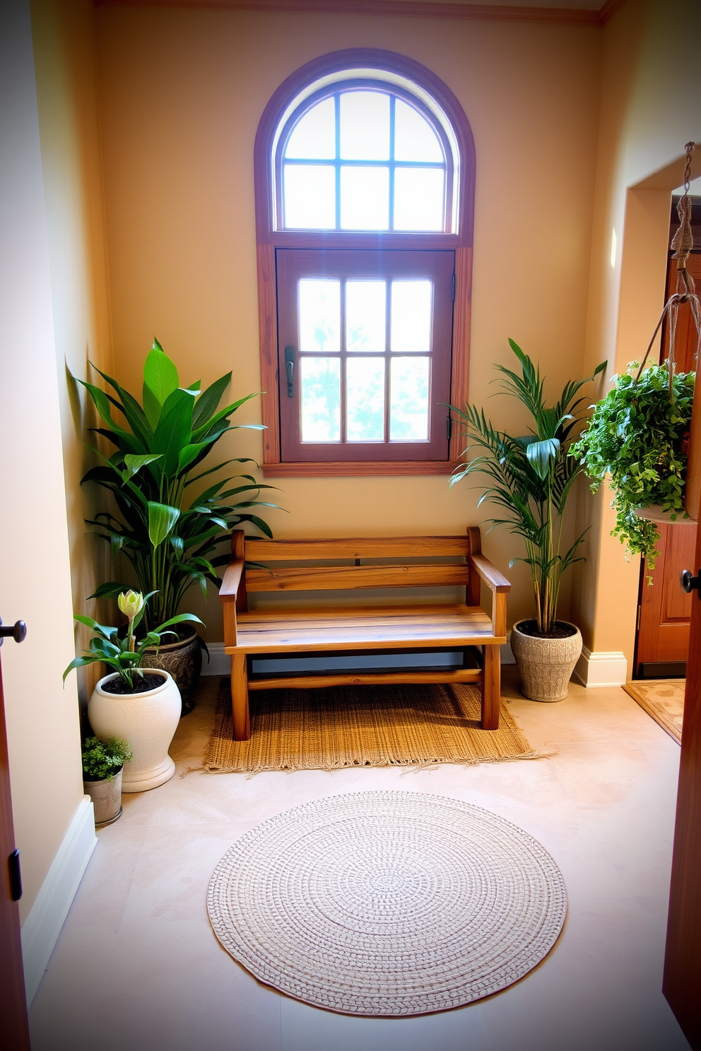 A rustic wooden bench sits against the wall, inviting guests to take a seat. The foyer features warm lighting that highlights the natural grain of the wood, creating a welcoming atmosphere. The walls are adorned with a soft beige paint, complemented by a woven jute rug beneath the bench. A collection of potted plants flanks the entrance, adding a touch of greenery and life to the space.