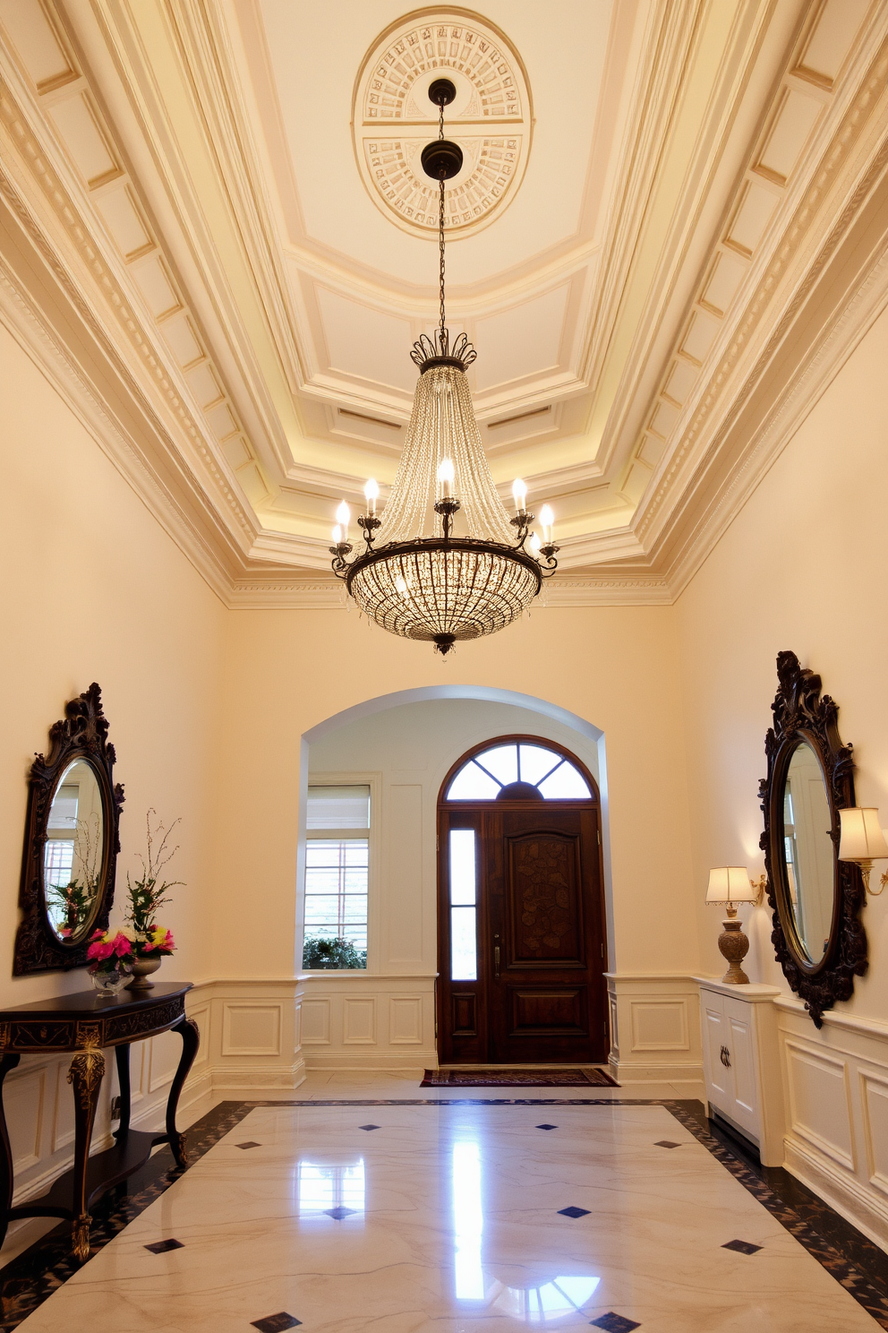 An elegant chandelier hangs gracefully in the center of a grand entrance foyer. The foyer features a high ceiling adorned with intricate moldings and warm lighting that highlights the rich textures of the space. The walls are painted in a soft cream color, complemented by a polished marble floor that reflects the chandelier's glow. A decorative console table sits against one wall, adorned with fresh flowers and an ornate mirror that enhances the sense of openness.