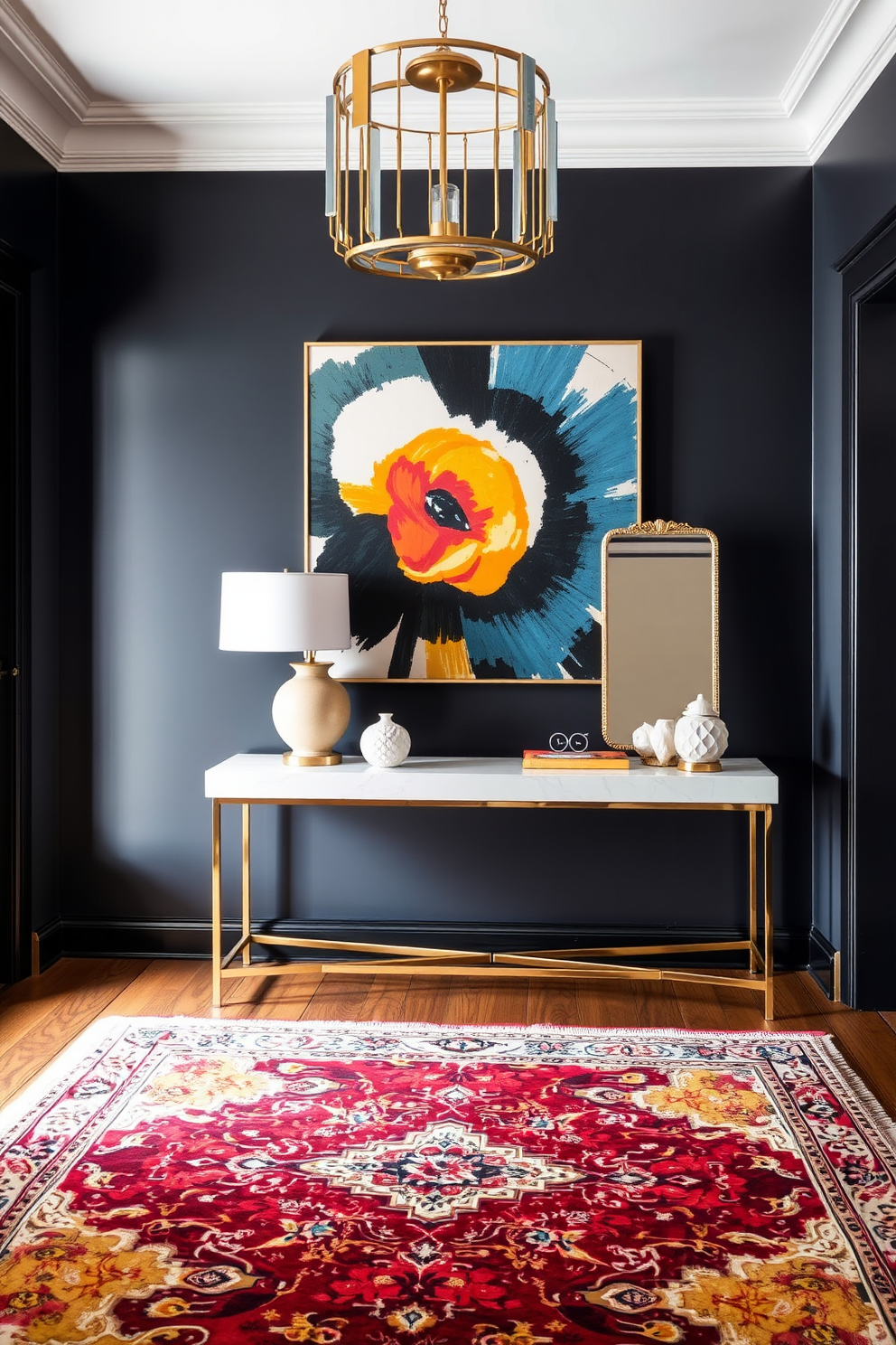 A stunning entrance foyer featuring bold statement artwork on the wall that draws the eye and sets the tone for the space. The floor is adorned with a beautiful patterned rug, and a stylish console table holds decorative objects and a statement mirror.