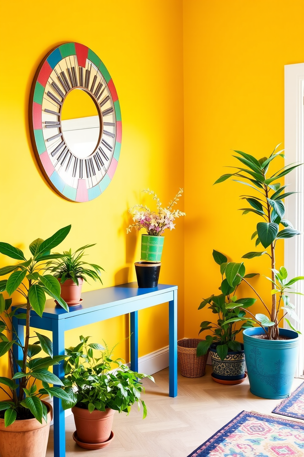 A cheerful entrance foyer filled with bright colors. The walls are painted in a vibrant yellow, and a bold blue console table sits against one side. A large round mirror with a colorful frame hangs above the table. Potted plants in various shades of green are placed around the space, adding a fresh touch.