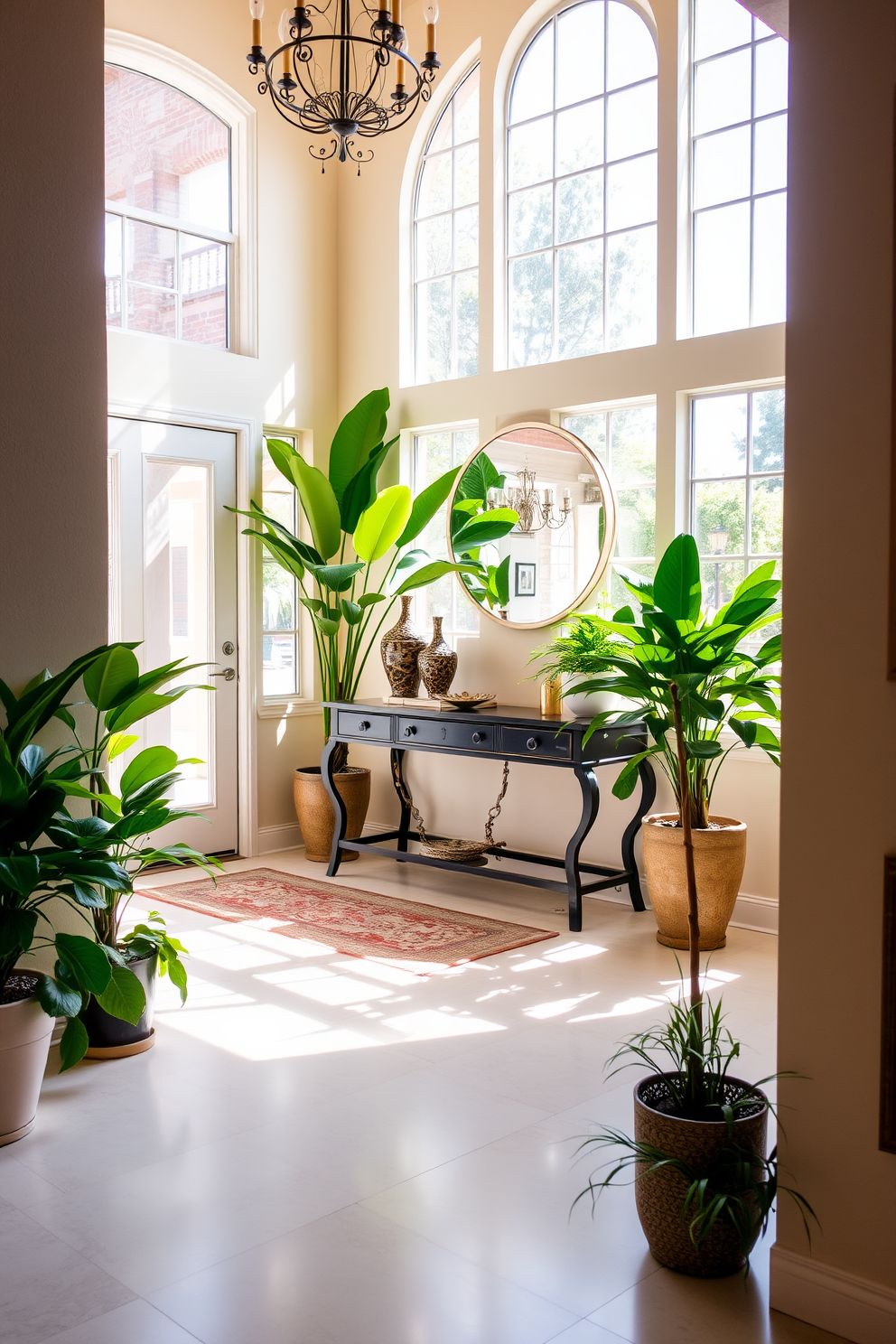 A bright entrance foyer filled with welcoming plants creates an inviting atmosphere. Lush green potted plants are placed strategically in the corners, enhancing the natural light that streams in through large windows. The walls are painted in a soft cream color, providing a warm backdrop for the space. A stylish console table with decorative items and a large round mirror above it adds elegance and depth to the foyer.