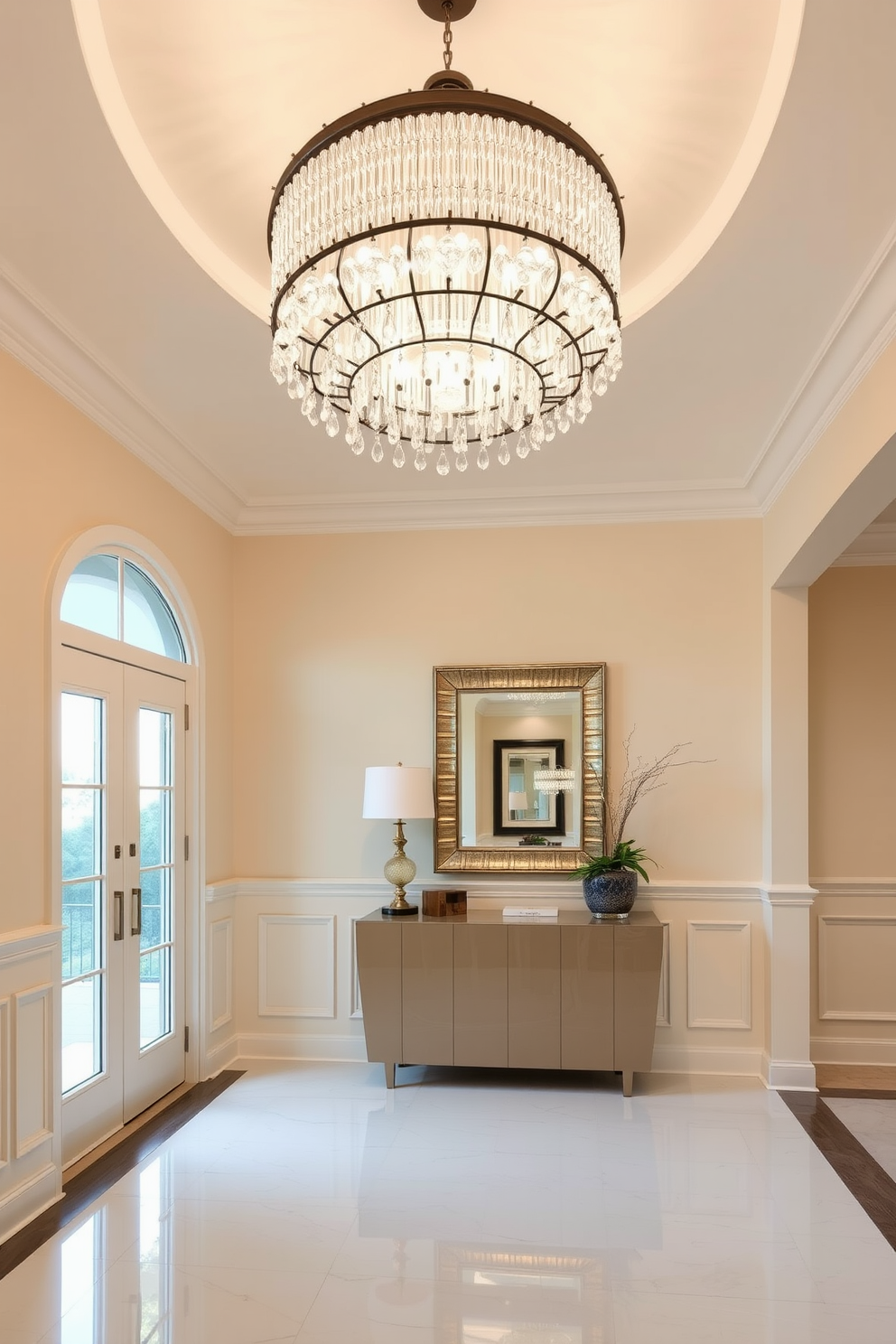 A stunning entrance foyer featuring a unique lighting fixture as the focal point. The ceiling is adorned with an oversized chandelier made of crystal and metal, casting a warm glow throughout the space. The walls are painted in a soft beige tone, complemented by elegant wainscoting. A large console table with a glossy finish sits against one wall, topped with decorative accents and a stylish mirror above it.