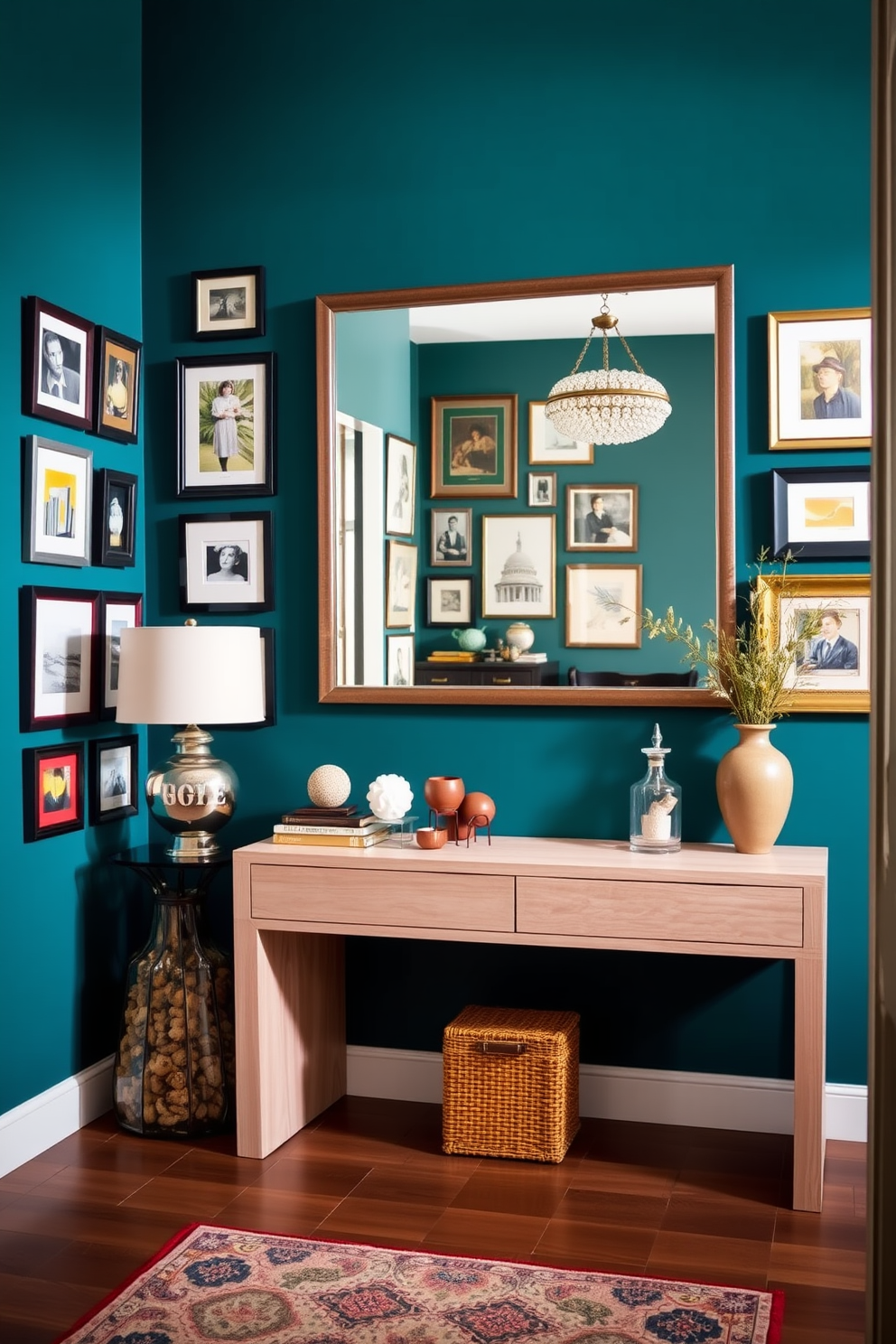 A vibrant accent wall in a rich teal color serves as the focal point of the entrance foyer. The wall is adorned with an array of framed artwork that adds personality and warmth to the space. The foyer features a sleek console table in a light wood finish, topped with decorative items and a stylish lamp. A large mirror hangs above the table, reflecting light and creating an illusion of depth in the entrance area.