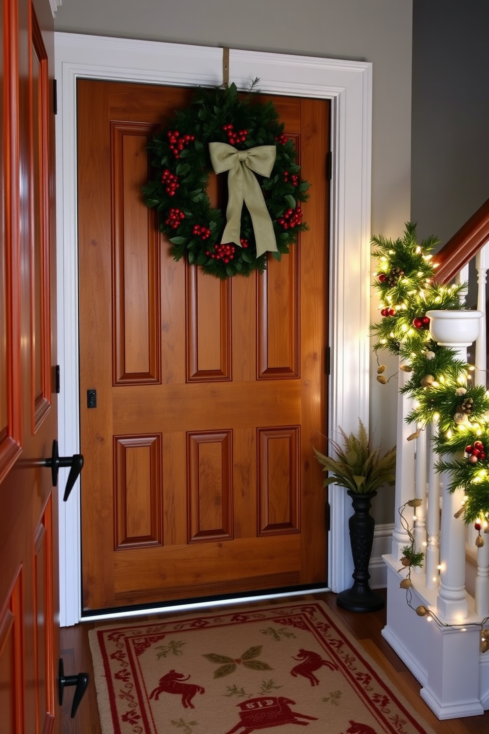 A festive wreath adorned with red berries and a big bow hangs on a classic wooden front door. The entryway is beautifully decorated with twinkling string lights draped along the staircase railing and a cozy rug featuring holiday motifs.