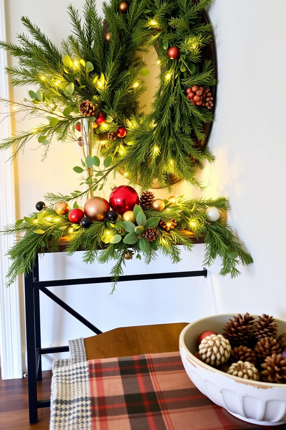 Fresh greenery accents on a console table create a welcoming entryway. The table is adorned with a mix of pine branches and eucalyptus, complemented by warm white string lights. Festive ornaments in shades of red and gold are carefully arranged alongside natural elements. A cozy plaid runner adds texture, while a decorative bowl filled with pinecones completes the holiday look.