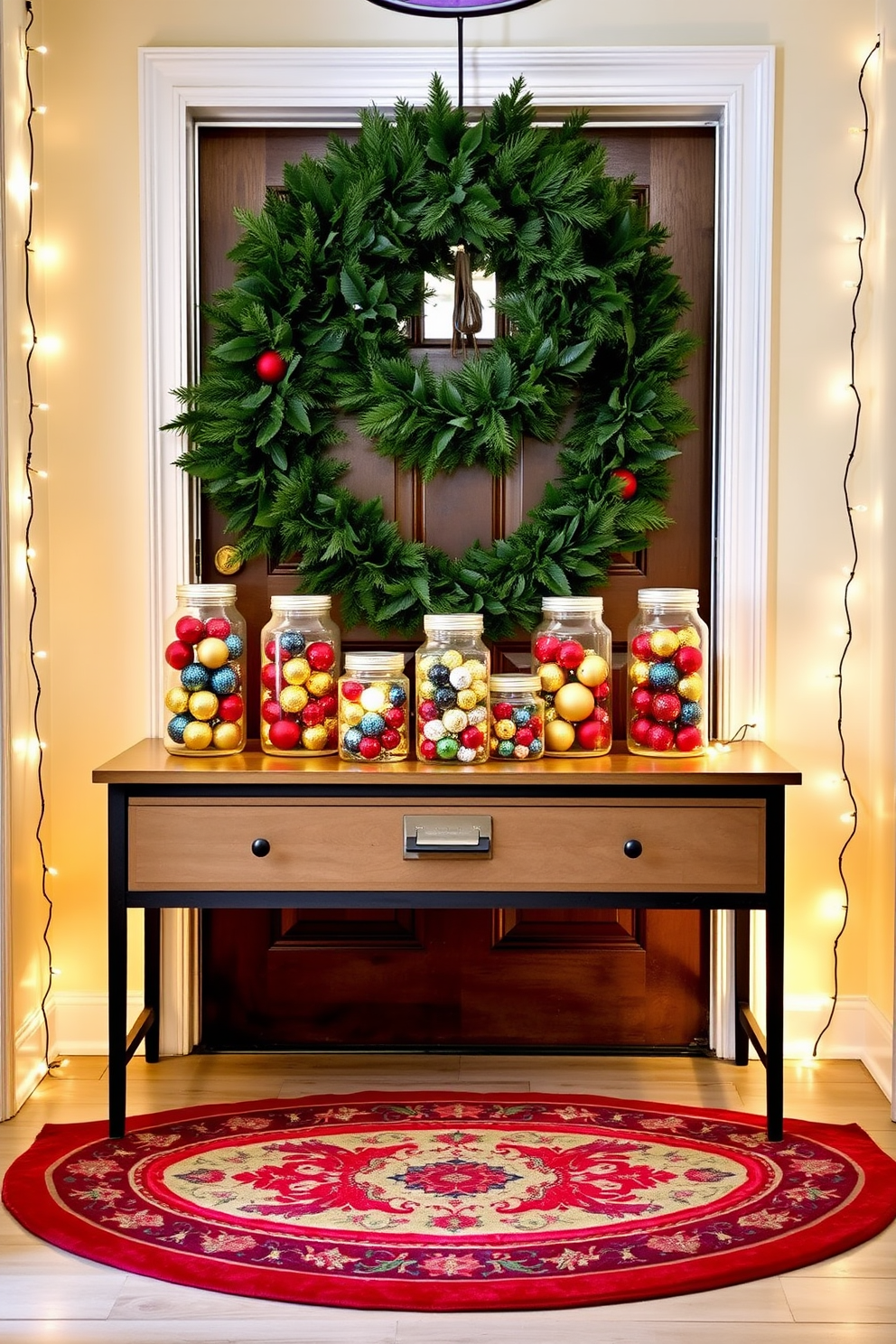 A welcoming entryway adorned with ornament-filled glass jars placed strategically on a console table. The jars showcase a variety of colorful ornaments, creating a festive atmosphere complemented by twinkling fairy lights draped around the entryway. The walls are painted in a soft cream color, enhancing the warm holiday vibe. A lush green wreath hangs on the door, while a cozy rug in red and green tones lies beneath the table, inviting guests to step inside.