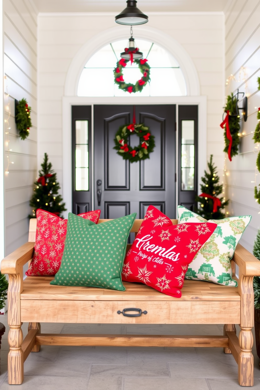 Holiday-themed throw pillows in vibrant red and green patterns are arranged on a rustic wooden bench. The entryway is adorned with festive decorations, including a wreath on the door and twinkling lights along the walls.