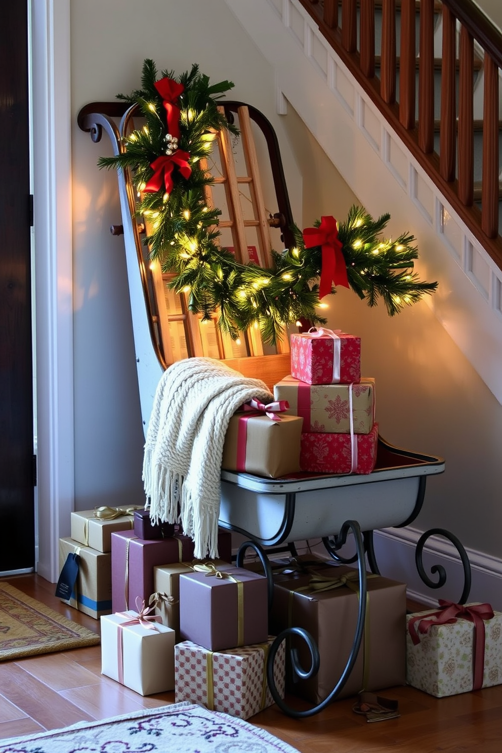 A vintage sleigh serves as a charming decorative piece in the entryway. It is adorned with festive garlands and twinkling fairy lights, creating a warm and inviting atmosphere for the holiday season. Surrounding the sleigh, a collection of wrapped gifts in various sizes adds to the Christmas spirit. A cozy throw blanket drapes over the side, inviting guests to pause and enjoy the seasonal decor.