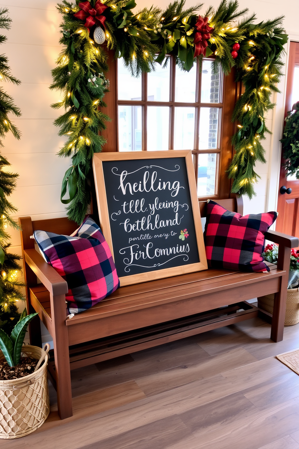 Chalkboard sign with festive greetings displayed prominently in a beautifully decorated entryway. The surrounding area features garlands of pine, twinkling fairy lights, and a rustic wooden bench adorned with cozy plaid pillows.