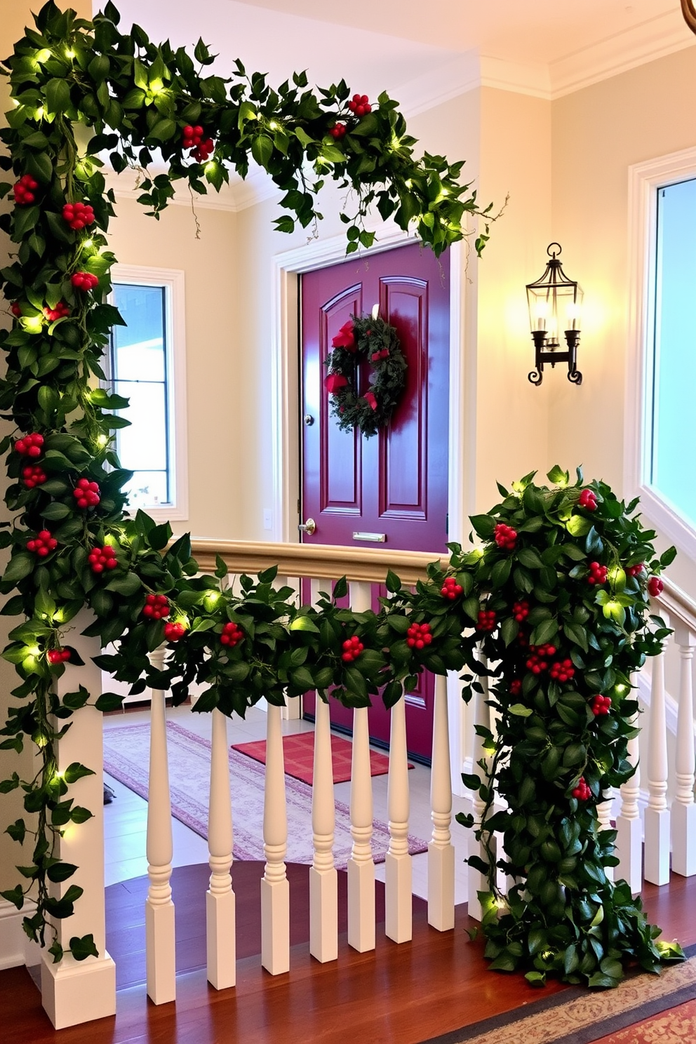 A beautifully decorated entryway adorned with holly and ivy wrapped around an elegant banister. The space features a welcoming atmosphere with festive touches, including a wreath on the door and twinkling fairy lights illuminating the greenery.