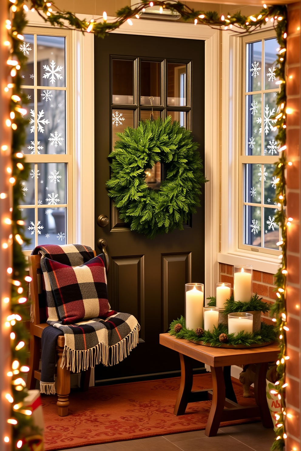 A cozy entryway adorned with snowflake decals on the windows creates a festive atmosphere. The space features a rustic bench with a plaid throw blanket and a small table decorated with pinecones and candles. Christmas decorations enhance the entryway with a lush green wreath hanging on the door. Twinkling fairy lights frame the entrance, inviting guests into a warm and cheerful holiday setting.