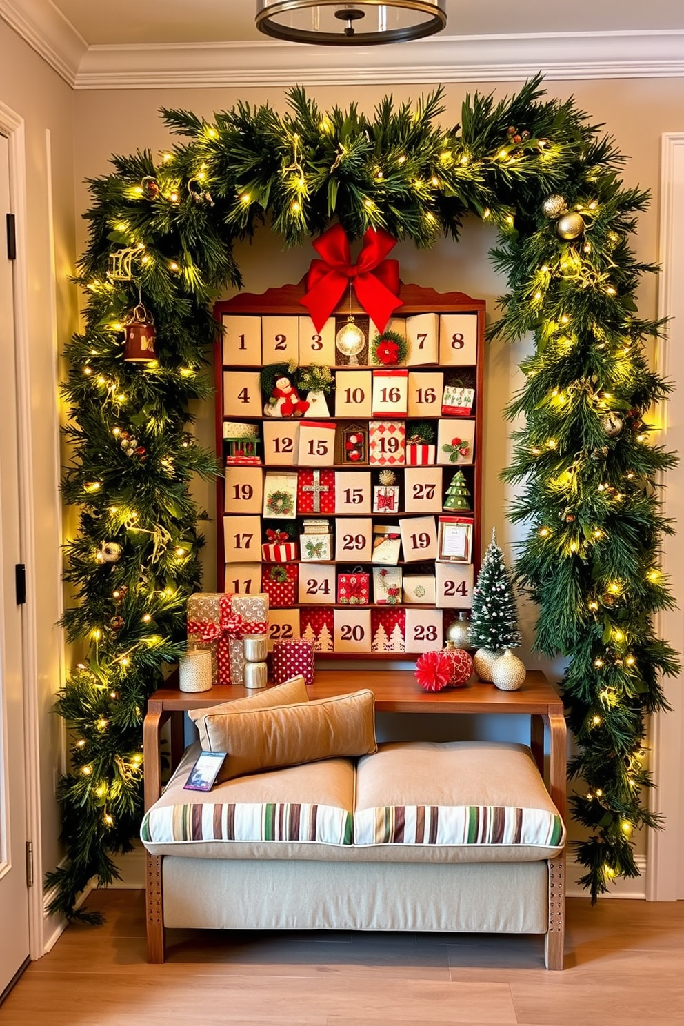 A charming entryway adorned with a festive advent calendar as the centerpiece. The calendar features beautifully wrapped gifts and seasonal decorations, creating a warm and inviting atmosphere. Flanking the advent calendar are elegant garlands of greenery, interspersed with twinkling fairy lights. A cozy bench with plush cushions sits below, inviting guests to pause and enjoy the holiday spirit.