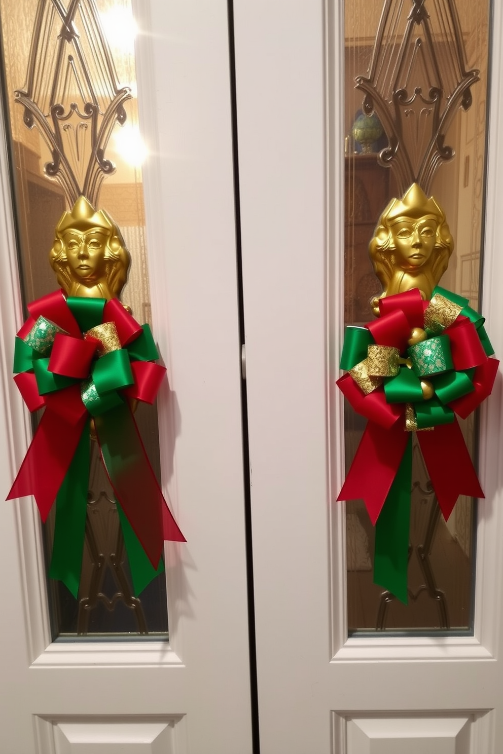 Colorful ribbon bows adorn the door handles, adding a festive touch to the entryway. The vibrant hues of red, green, and gold create a cheerful atmosphere, welcoming guests into a beautifully decorated home.