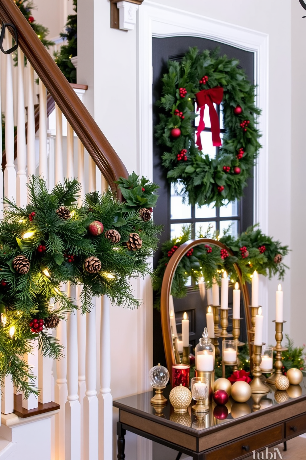 A beautifully decorated staircase railing adorned with layered garlands. The garlands feature a mix of greenery, pinecones, and twinkling lights, creating a festive and inviting atmosphere. The entryway is transformed with elegant Christmas decorations. A large wreath with red berries hangs on the door, while festive ornaments and candles are arranged on a console table.