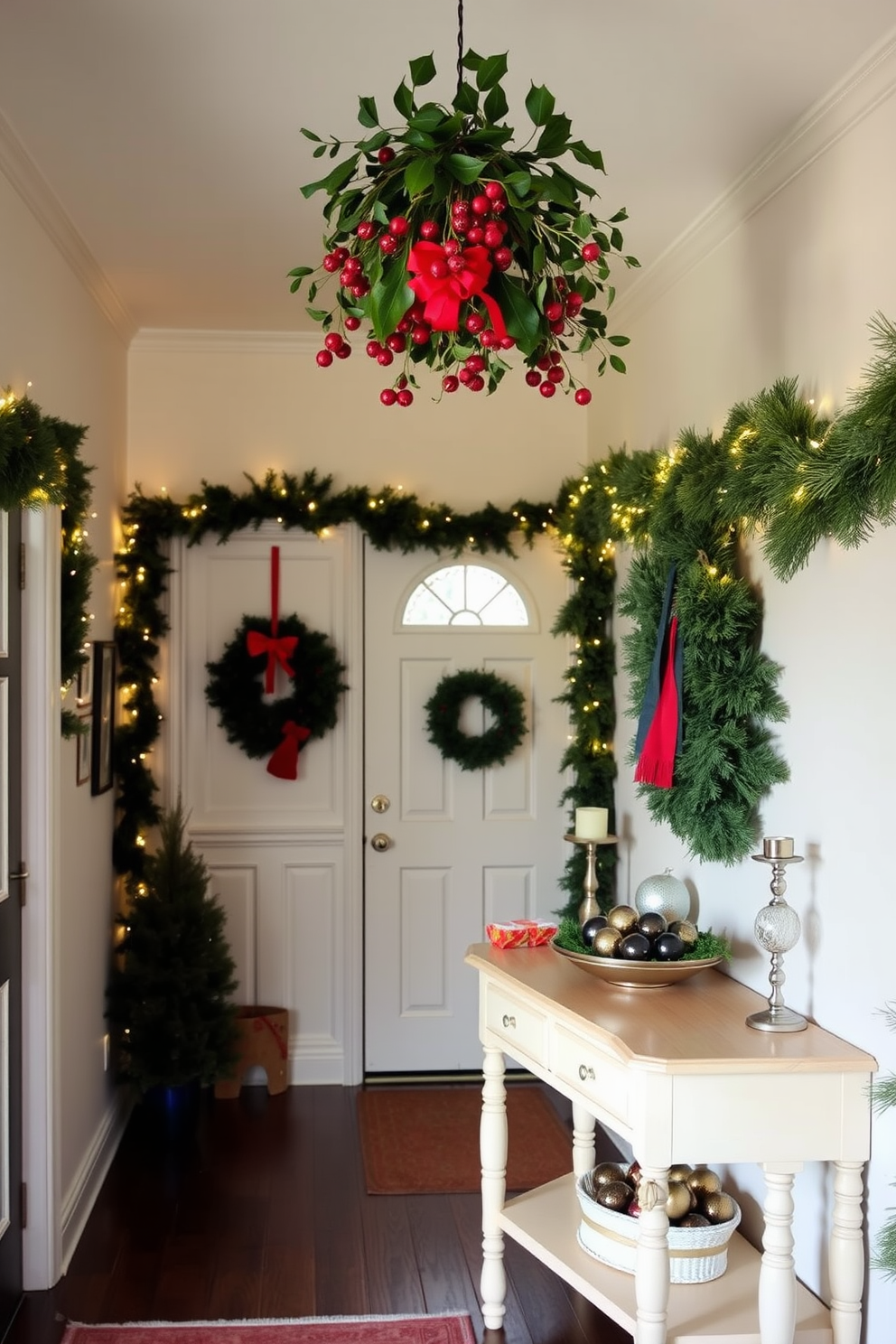 A charming entryway adorned for Christmas. There is a beautiful mistletoe hanging above the doorway, creating a festive atmosphere. The walls are decorated with garlands of evergreen and twinkling fairy lights. A small console table is placed against one wall, topped with holiday-themed decor and a bowl of ornaments.