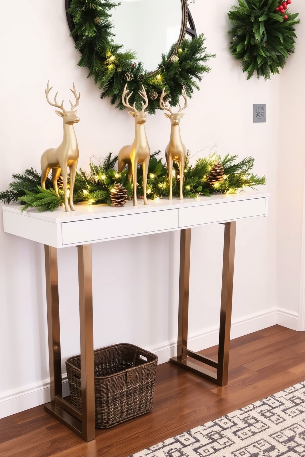 A stylish entryway features a sleek console table adorned with elegant reindeer figurines. The table is complemented by a festive arrangement of pine branches and twinkling fairy lights, creating a warm holiday atmosphere.