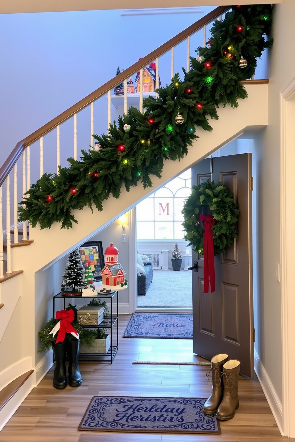 A charming Christmas village scene is set up on a display shelf with miniature houses adorned in colorful lights and snow. Tiny figurines of children playing in the snow and a small train set add a whimsical touch to the festive atmosphere. The entryway is beautifully decorated for Christmas with a lush green garland draped over the staircase railing. A large, welcoming wreath hangs on the door, and a cozy mat with holiday greetings lies beneath a pair of elegant boots.