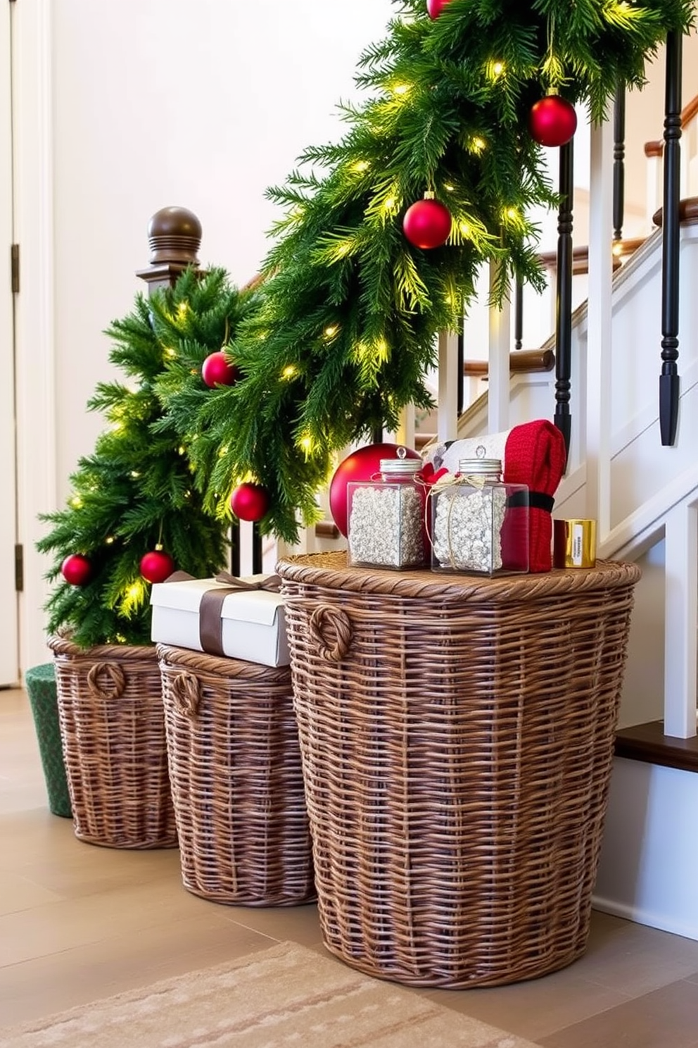 Decorative holiday baskets for storage. These woven baskets are placed strategically in the entryway to provide a warm and festive touch while keeping the space organized. Entryway Christmas decorating ideas. Adorn the entryway with a lush green garland draped over the staircase railing, complemented by twinkling fairy lights and festive ornaments.