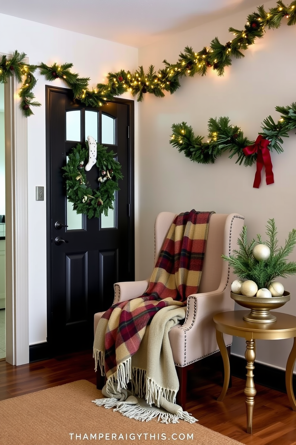 A cozy entryway adorned for the Christmas season. A stylish chair is draped with a soft seasonal throw blanket in festive colors, creating a welcoming atmosphere. The walls are decorated with garlands and twinkling fairy lights. A small table nearby holds a decorative bowl filled with ornaments and a fragrant pine centerpiece.