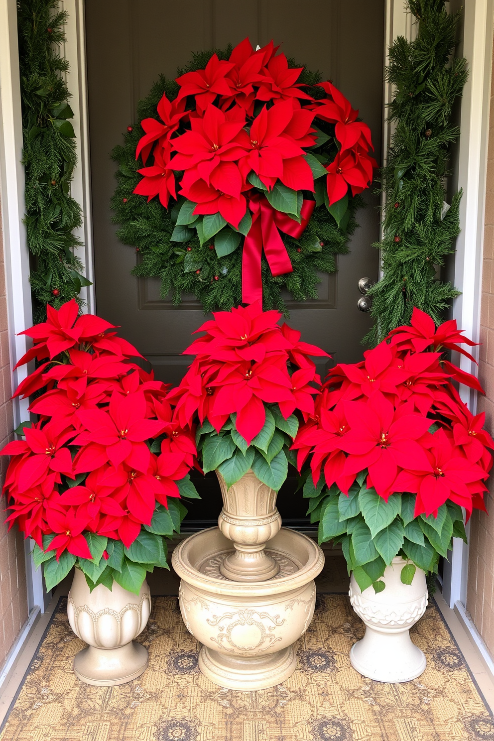 A festive entryway adorned with vibrant floral arrangements featuring striking red poinsettias. The arrangements are elegantly placed in decorative pots, complementing the warm holiday spirit of the season.