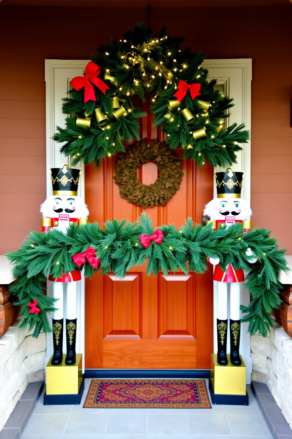 Nutcracker figures stand proudly on either side of the entryway door, creating a festive and welcoming atmosphere. The vibrant colors of the figures contrast beautifully with the warm wood of the door, enhancing the holiday spirit. A lush green garland drapes elegantly over the doorframe, adorned with twinkling lights and red bows. This charming display invites guests into a cozy and joyful holiday home.