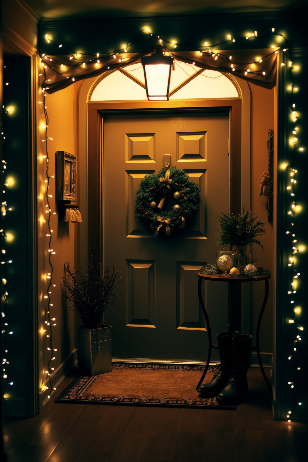 A cozy entryway adorned with twinkling fairy lights that create a warm and inviting atmosphere. The lights are draped elegantly along the walls and above the door, enhancing the festive spirit of the space. Decorative elements include a lush green wreath on the door and a small table decorated with seasonal ornaments. A soft rug in front of the door adds comfort, while a pair of stylish boots sit neatly by the entrance.