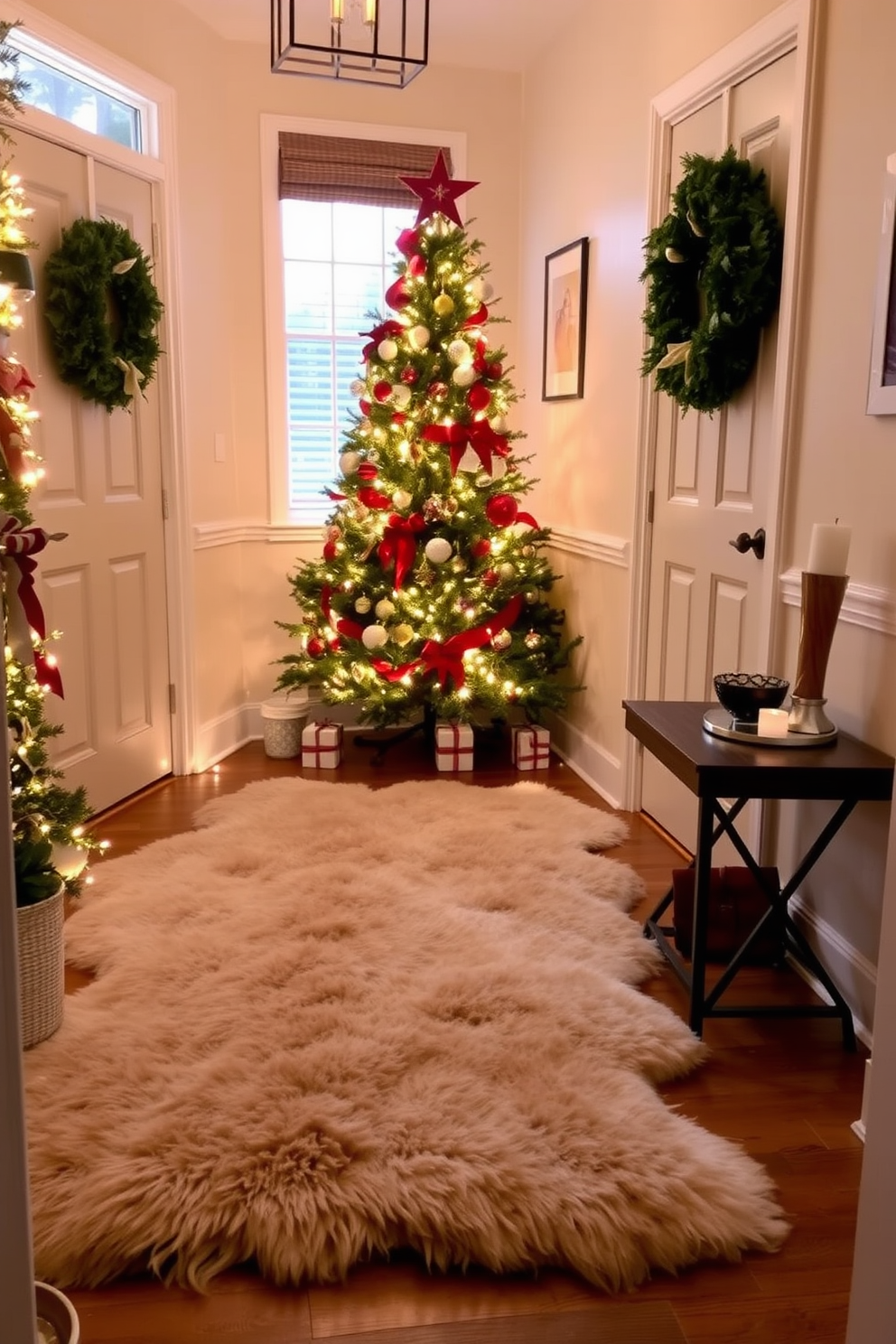 A cozy entryway features a plush faux fur rug that adds warmth and texture to the space. Surrounding the rug are festive decorations, including a beautifully adorned Christmas tree and twinkling fairy lights.