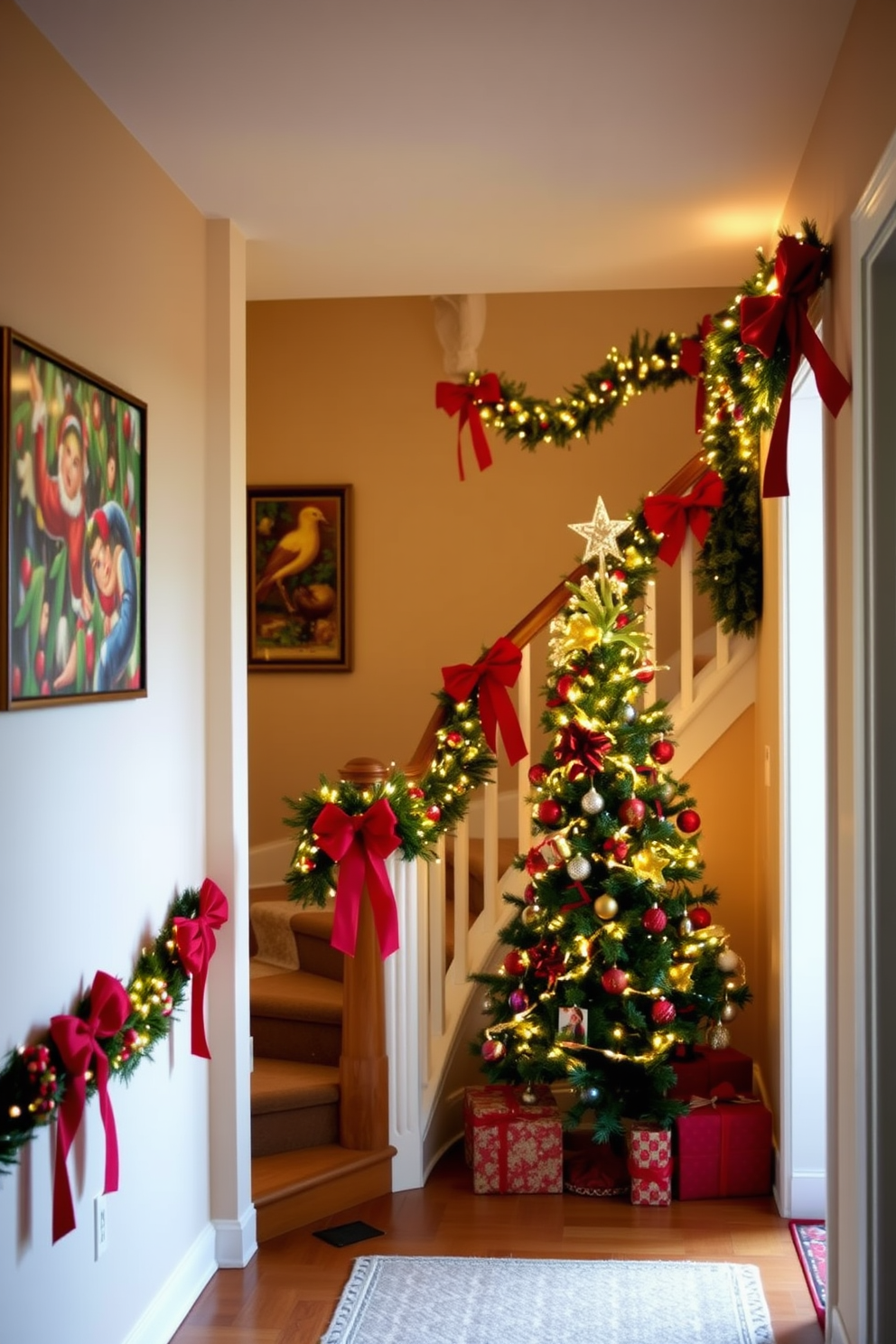 Seasonal artwork adorns the entryway walls, featuring vibrant holiday-themed pieces that capture the spirit of Christmas. The space is warmly lit, creating an inviting atmosphere that welcomes guests into a festive home. Decorative garlands drape elegantly along the staircase railing, adorned with twinkling fairy lights and red bows. A beautifully decorated Christmas tree stands in the corner, surrounded by wrapped gifts that add to the joyful ambiance.