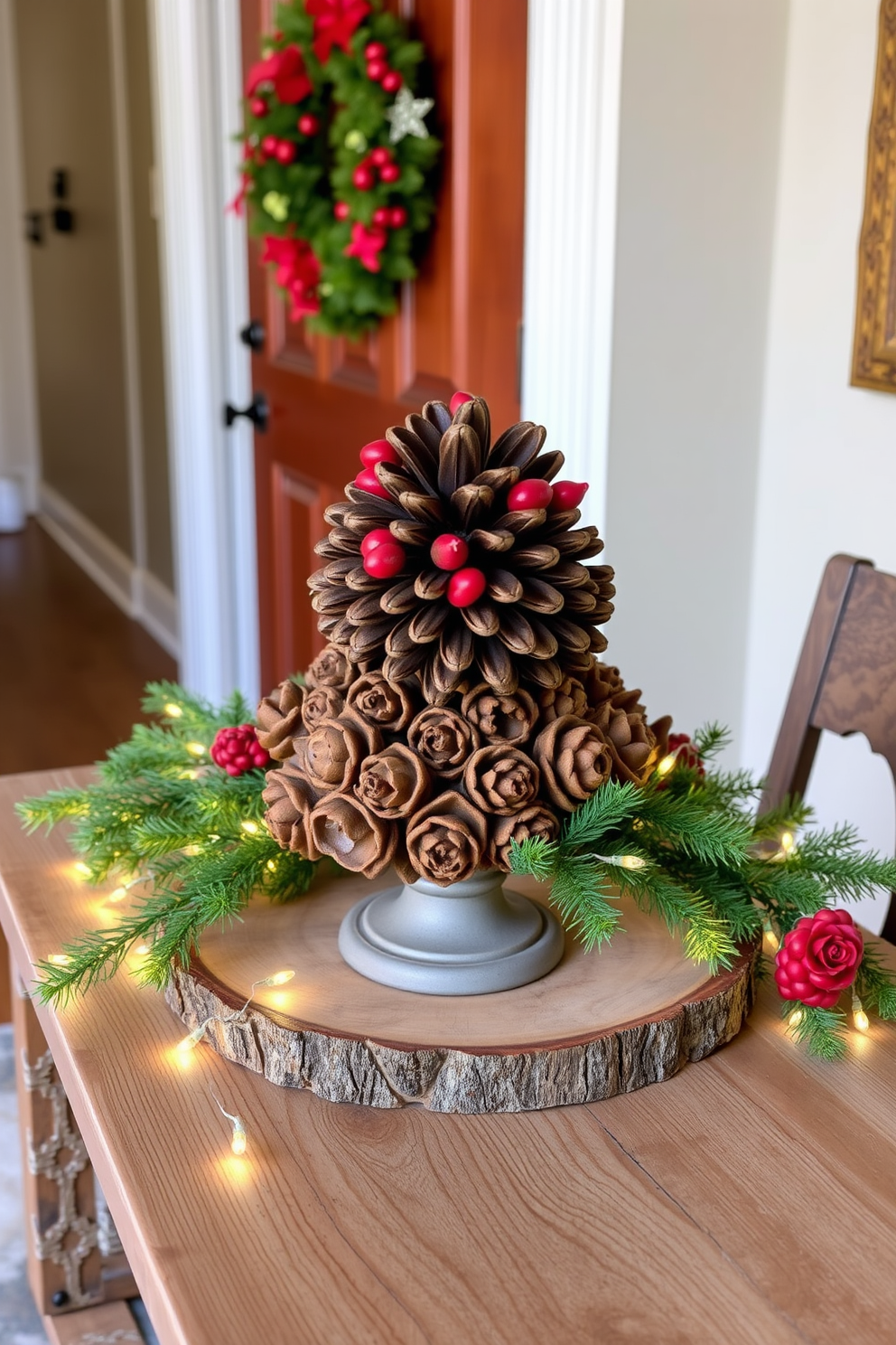 A beautiful entryway adorned with a pinecone and berry centerpiece. The centerpiece is arranged on a rustic wooden table, surrounded by twinkling fairy lights and evergreen sprigs.