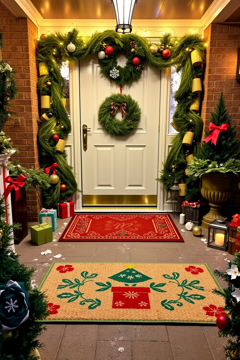 A charming Christmas-themed doormat greets guests with festive designs and vibrant colors. The entryway is adorned with twinkling lights and seasonal greenery, creating a warm and inviting atmosphere.