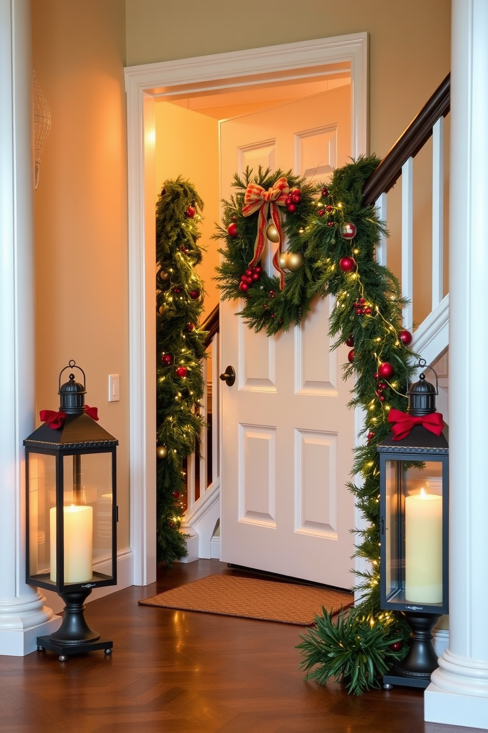 Decorative lanterns are placed strategically on either side of the entryway, creating a warm and inviting atmosphere. Each lantern is filled with glowing candles that cast a soft light, enhancing the festive spirit of the holiday season. Garlands of evergreen are draped along the staircase railing, adorned with red berries and twinkling fairy lights. A large wreath, decorated with festive ornaments, hangs prominently on the front door, welcoming guests with holiday cheer.