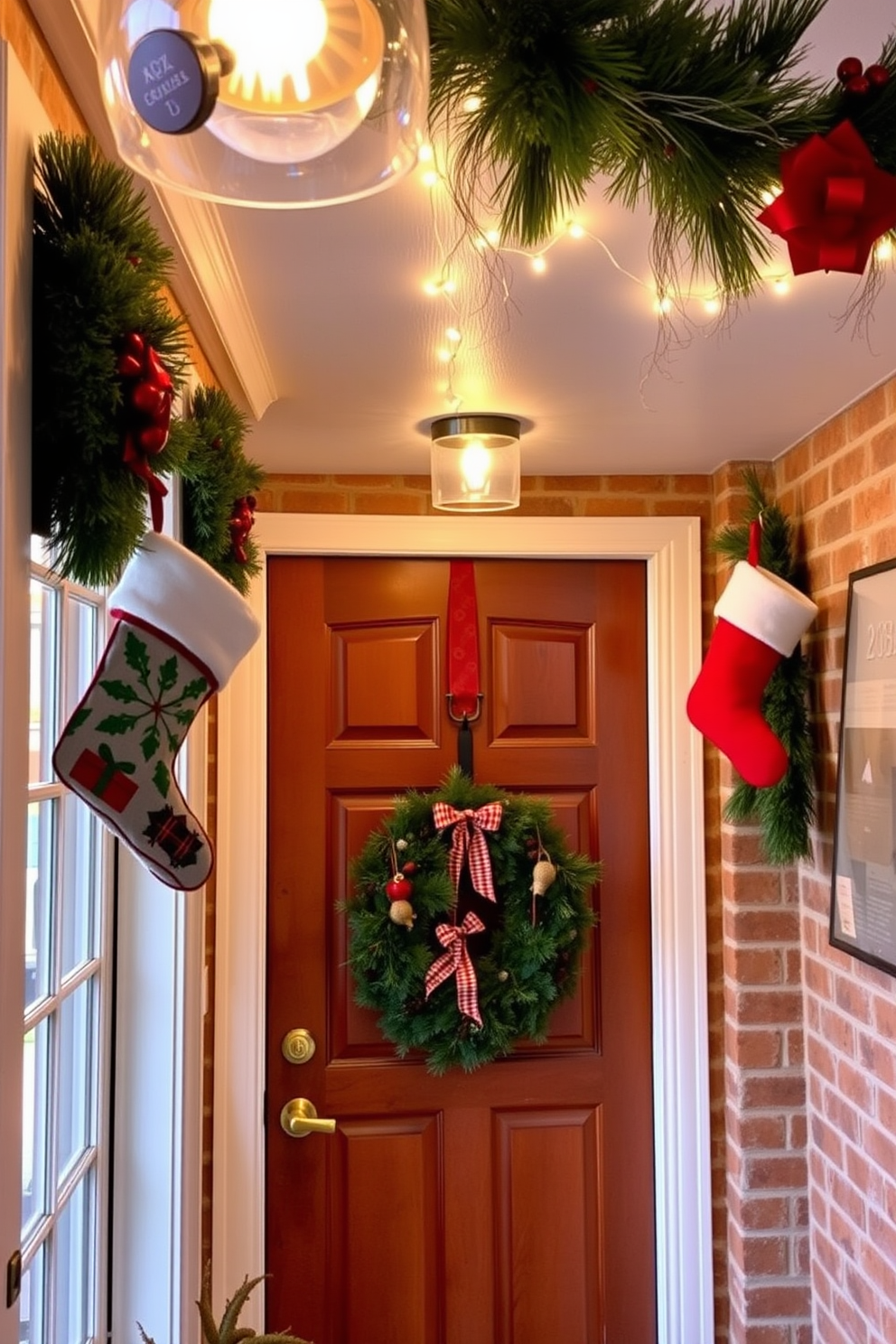 A cozy entryway adorned for Christmas. Festive stockings hang from decorative hooks, each uniquely designed to add charm to the space. The entryway is enhanced with warm string lights draped across the ceiling. A seasonal wreath is displayed on the front door, welcoming guests with holiday cheer.