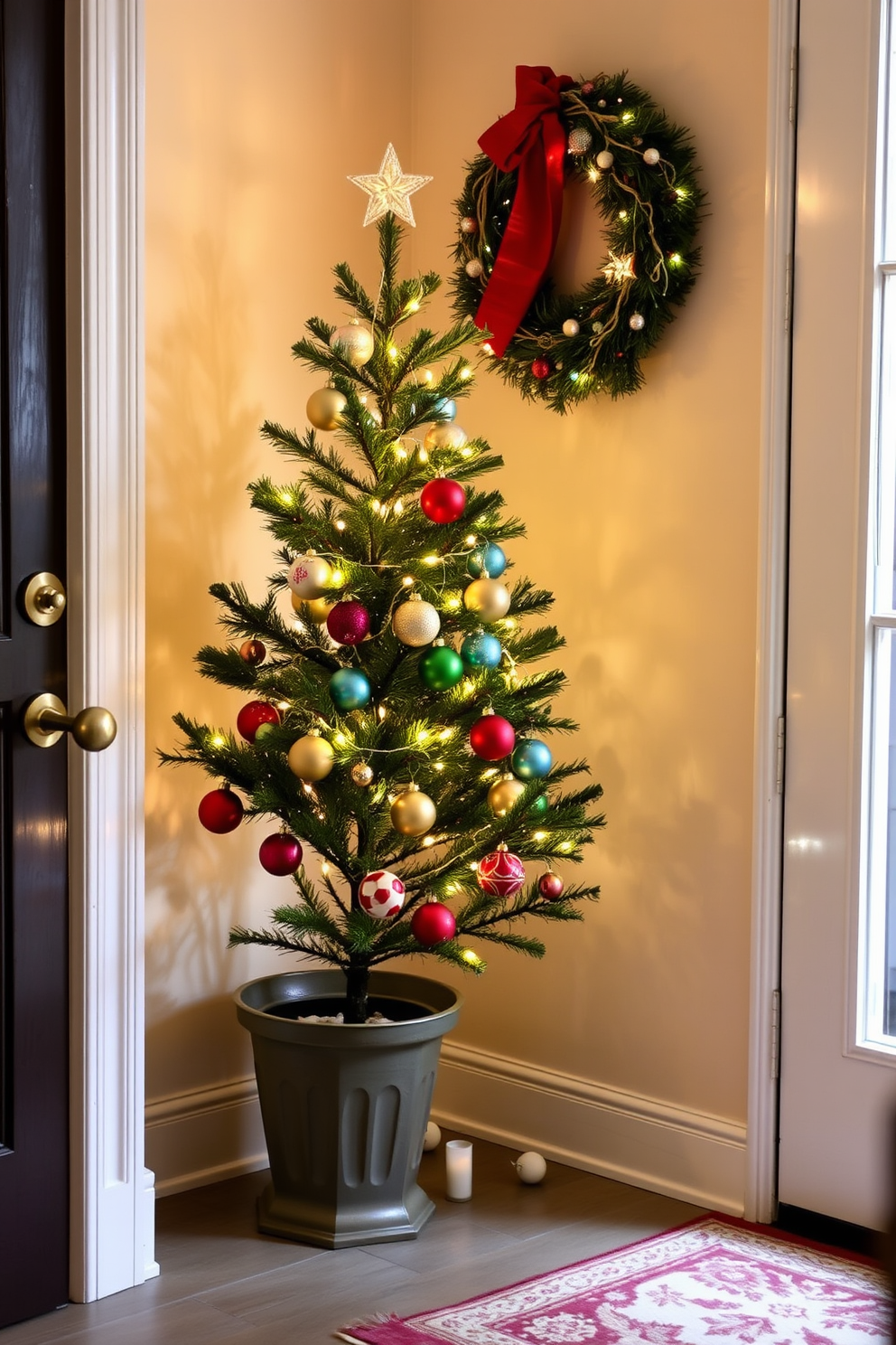 A charming entryway adorned for the holidays features a miniature Christmas tree nestled in the corner. The tree is decorated with twinkling lights, colorful ornaments, and a delicate star on top, creating a warm and inviting atmosphere.