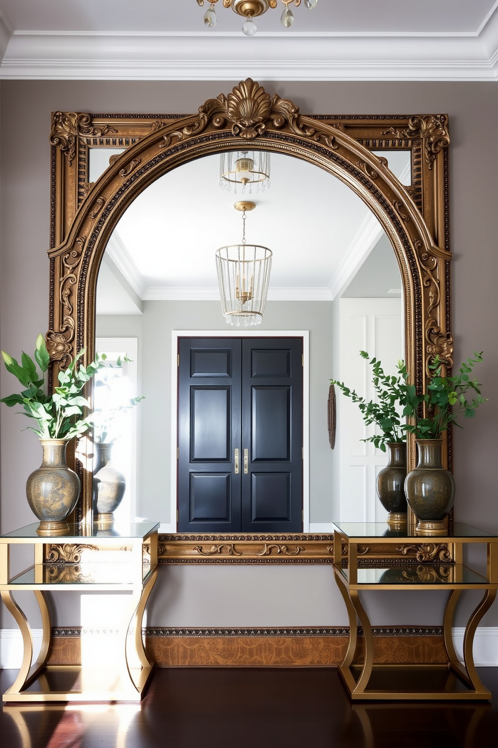 A striking entryway features a large, bold mirror with an ornate frame that reflects the light, creating an inviting atmosphere. Flanking the mirror are two elegant console tables adorned with decorative vases and fresh greenery, enhancing the overall aesthetic.