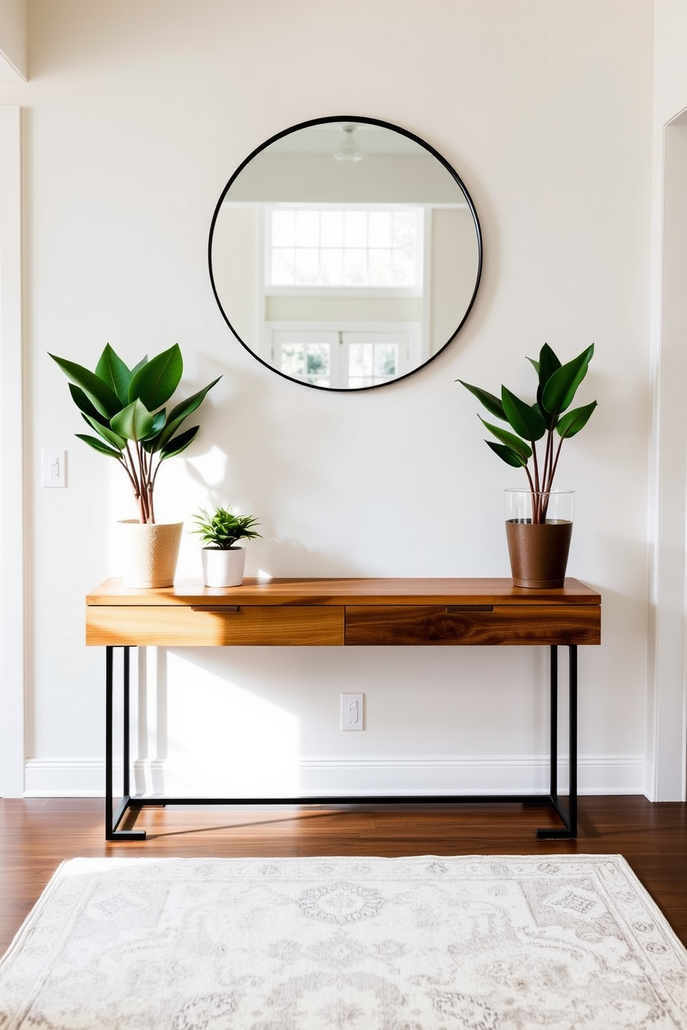 A welcoming entryway featuring a sleek console table made of reclaimed wood. Above the table, a large round mirror reflects natural light, while potted plants add a fresh touch on either side. The walls are painted in a soft neutral tone, creating a warm ambiance. A stylish area rug in muted colors anchors the space, inviting guests into the home.