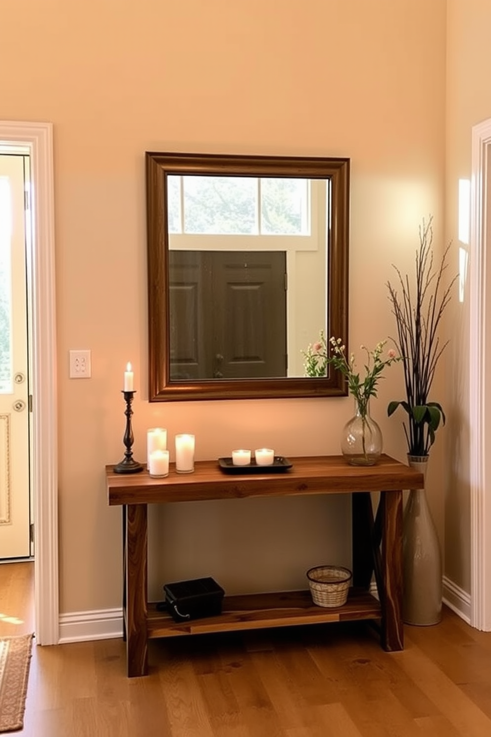 A cozy entryway filled with warm natural light. There are several scented candles on a small table, creating an inviting atmosphere as guests enter. The walls are painted in a soft beige color, complemented by a stylish console table made of reclaimed wood. A large mirror hangs above the table, reflecting the light and enhancing the spacious feel of the entryway.