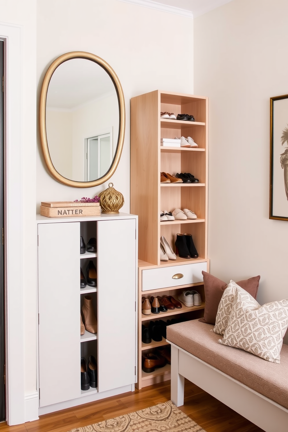 A chic entryway featuring a stylish shoe storage solution. The storage unit is a sleek, modern cabinet with a combination of open and closed shelving, allowing for both display and concealment of footwear. The walls are painted in a soft neutral tone, complemented by a statement mirror above the shoe storage. A cozy bench sits nearby, adorned with decorative cushions, providing a functional yet inviting space for putting on shoes.