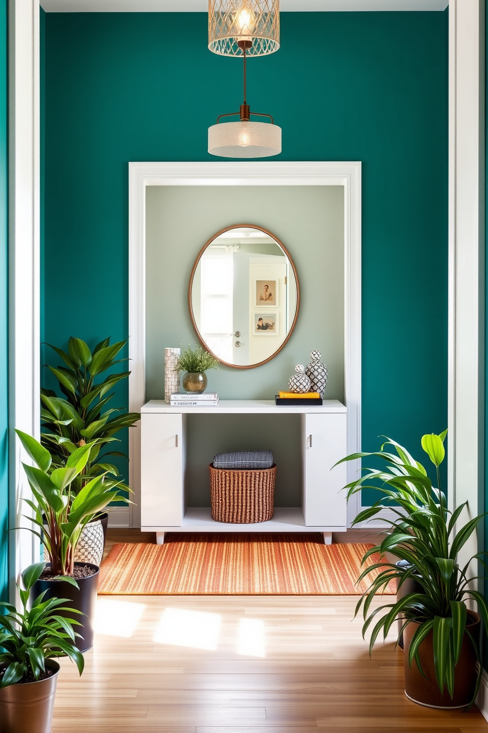 A welcoming entryway that reflects personality through a vibrant color scheme. The walls are painted in a bold teal, complemented by a sleek white console table adorned with decorative items and a stylish mirror above. A patterned area rug in warm tones adds texture to the space, while a statement light fixture hangs from the ceiling, casting a warm glow. Potted plants flanking the entryway create a lively atmosphere, inviting guests into a home filled with character.