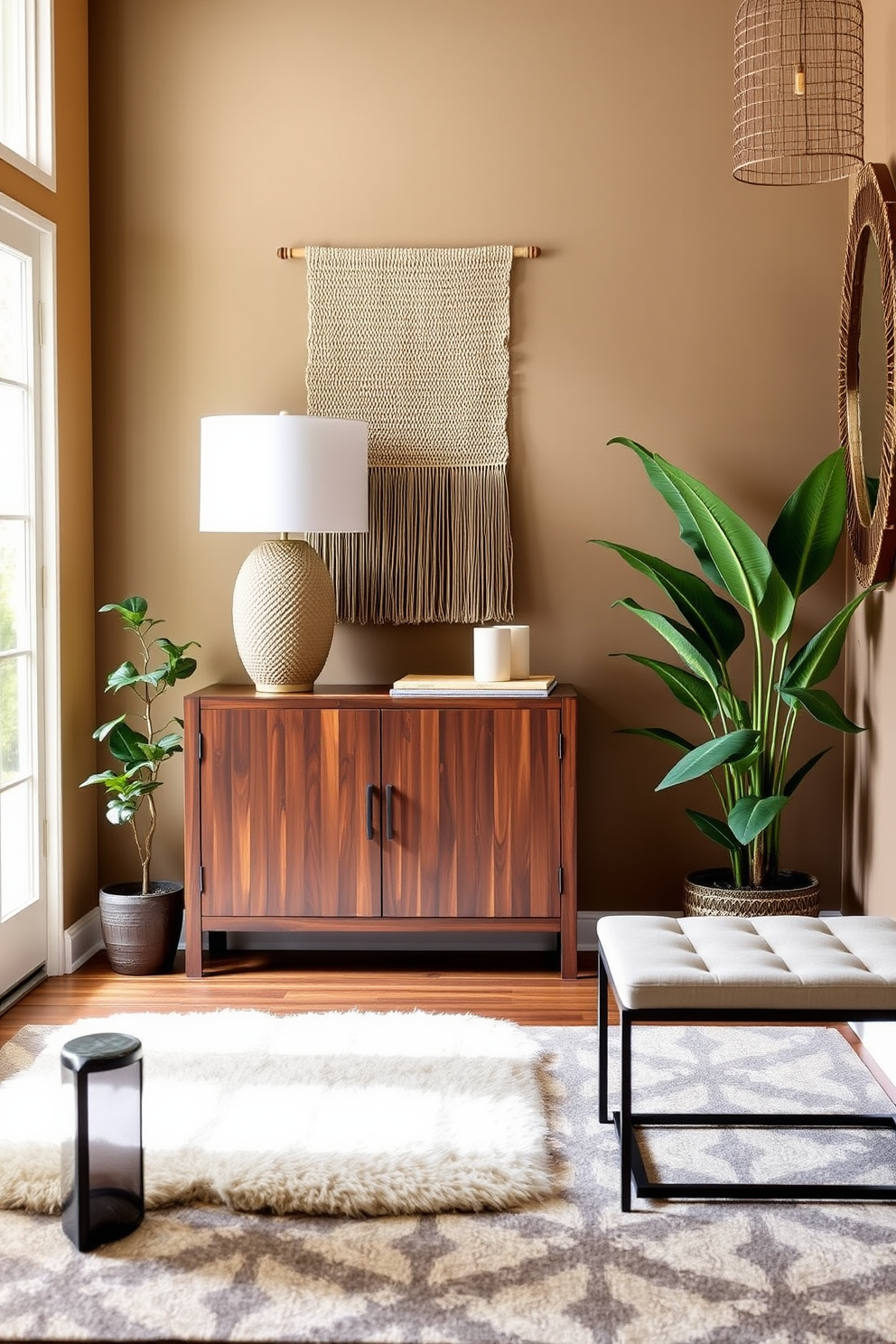 A stylish entryway features a rich wooden console table topped with a textured ceramic lamp. The walls are adorned with a combination of smooth paint and a woven wall hanging, creating a warm and inviting atmosphere. A plush area rug with a geometric pattern complements the sleek lines of a modern bench. Potted greenery adds a touch of life, while a decorative mirror reflects natural light, enhancing the space's openness.