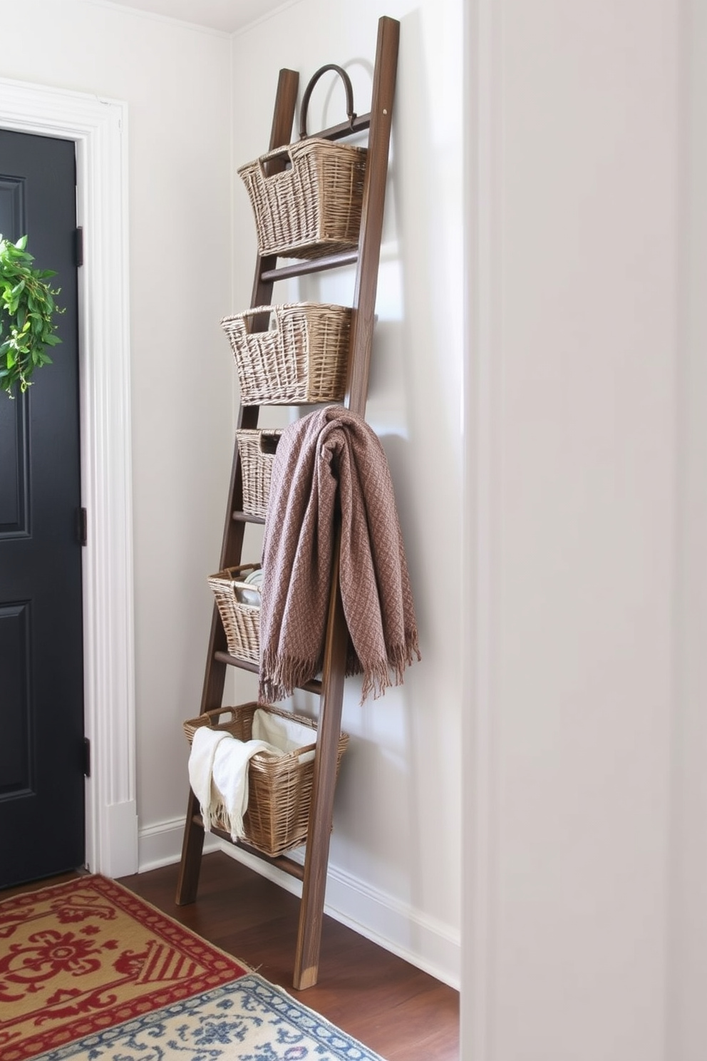 A stylish entryway featuring a decorative ladder leaning against the wall. The ladder is adorned with woven baskets and a cozy blanket, creating a warm and inviting atmosphere.