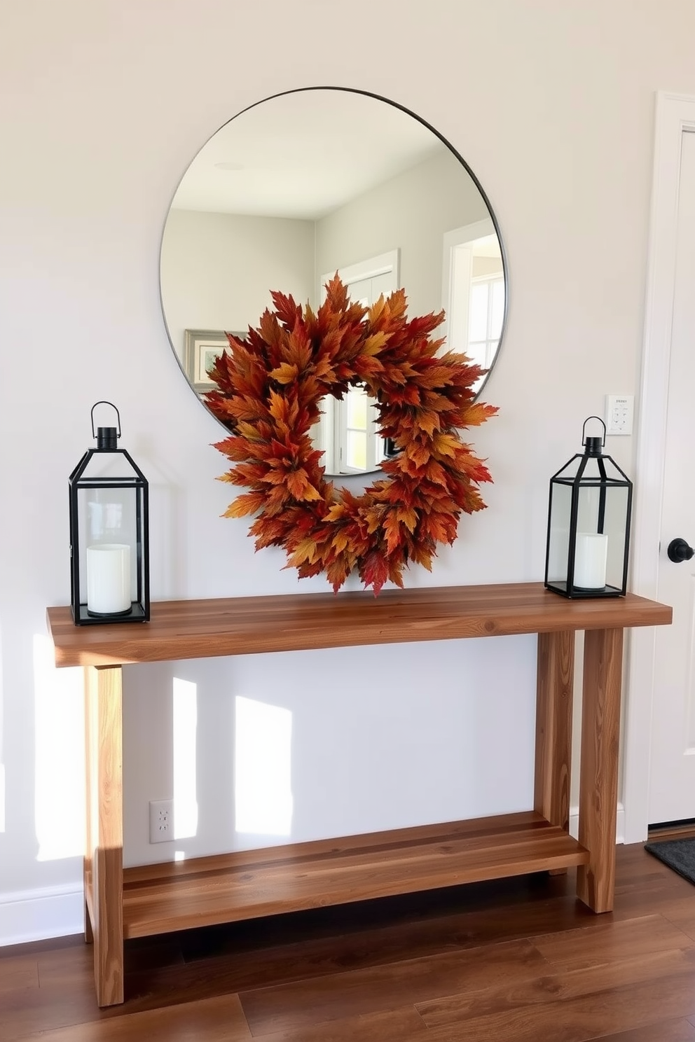 A welcoming entryway featuring a sleek console table made of reclaimed wood. Above the table, a large round mirror reflects natural light, enhancing the space's warmth and openness. Adorning the console is a seasonal wreath made of vibrant autumn leaves, adding a touch of seasonal charm. Flanking the table are two stylish lanterns, casting a soft glow during the evening hours.