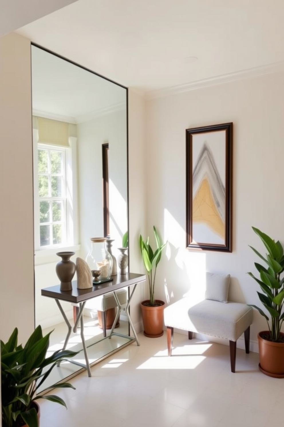 A bright and inviting entryway features a large floor-to-ceiling mirror that reflects natural light streaming in from a nearby window. The walls are painted in a soft cream color, and a stylish console table with decorative items sits beneath the mirror. To the side, a cozy seating area includes a plush bench upholstered in light gray fabric. Potted plants flank the entryway, adding a touch of greenery and warmth to the space.