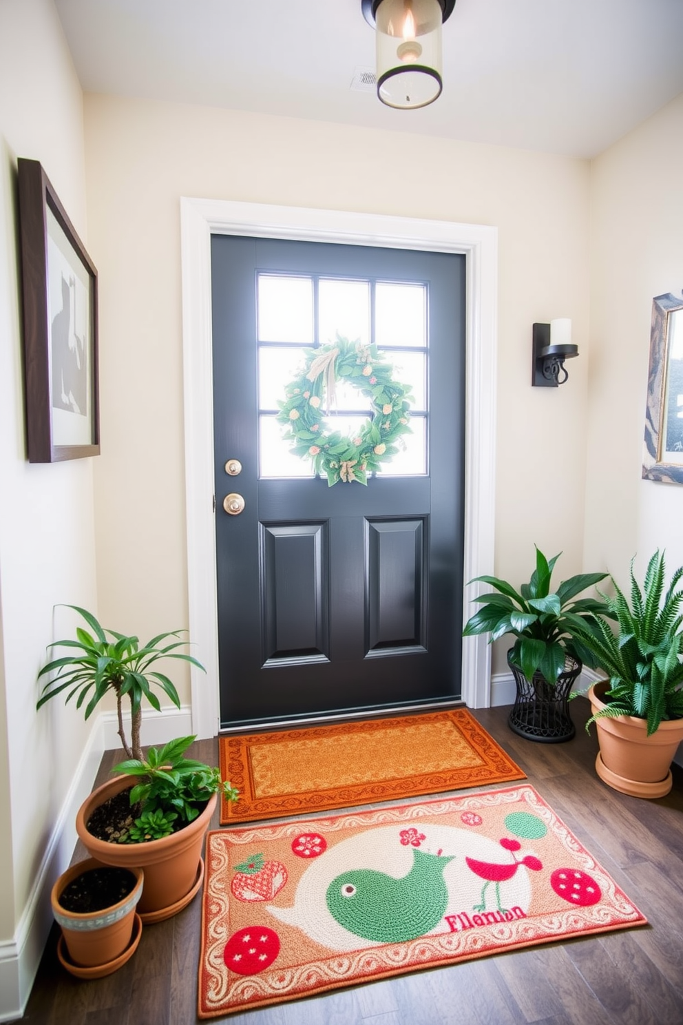 A charming entryway features a unique door mat that adds character and warmth. The mat is adorned with a whimsical design that complements the surrounding decor, inviting guests into the home. Flanking the door mat are potted plants that bring a touch of greenery to the space. The walls are painted in a soft, welcoming hue, enhancing the overall ambiance of the entryway.