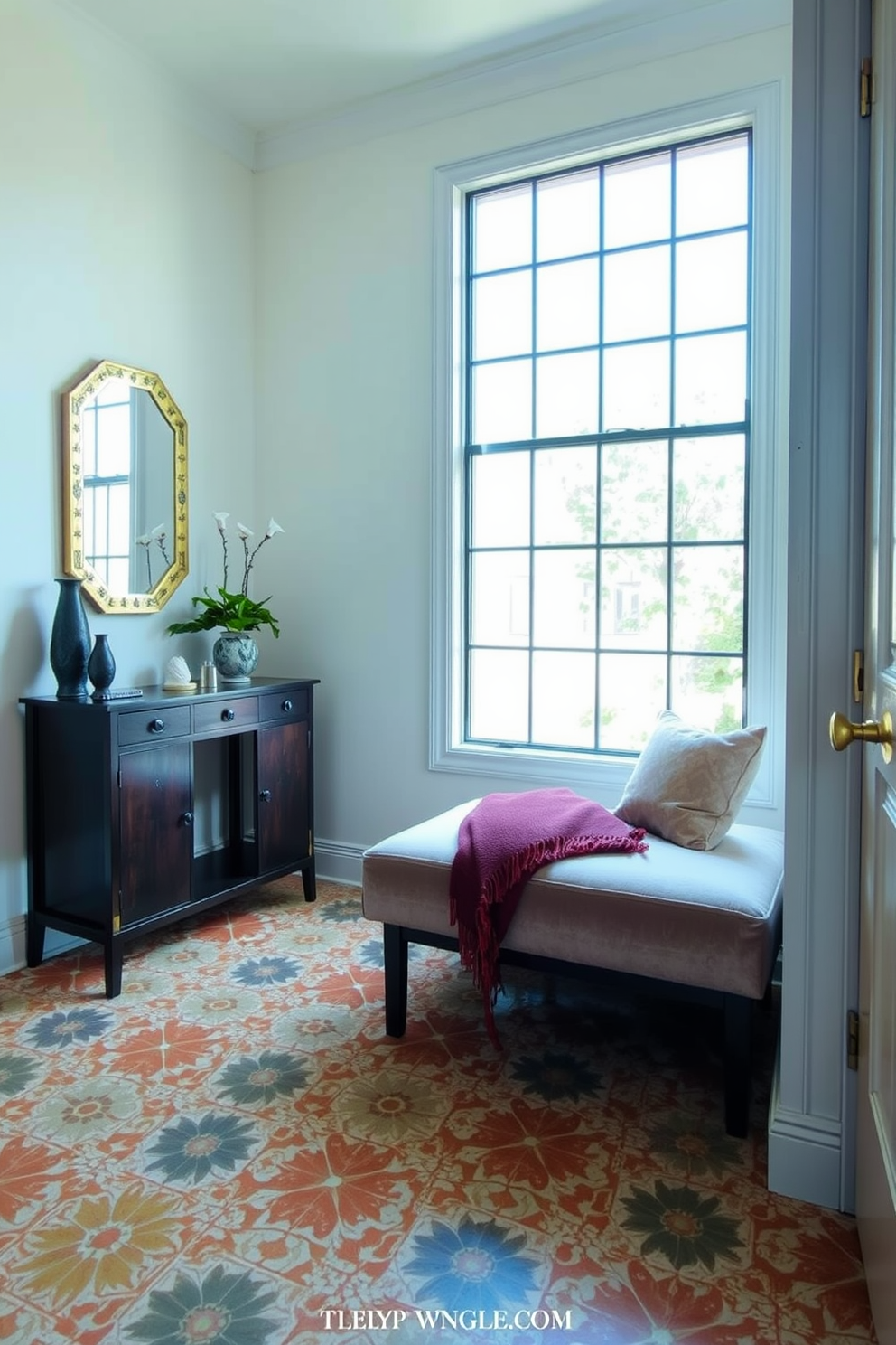 A welcoming entryway featuring patterned tiles that create visual interest on the floor. The space includes a stylish console table against the wall, adorned with decorative objects and a small potted plant. To the right, a cozy seating nook with a plush bench is placed beneath a large window, allowing natural light to flood the area. A statement mirror hangs above the bench, reflecting the vibrant colors of the patterned tiles.