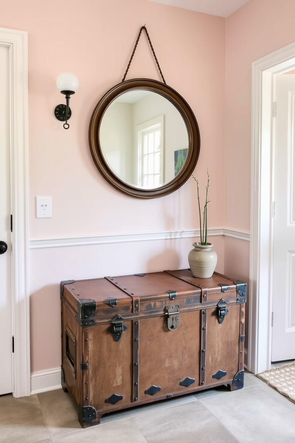 A charming entryway features a vintage trunk made of distressed leather, serving as both storage and a decorative accent. The walls are adorned with soft pastel paint, and a large round mirror hangs above the trunk, reflecting natural light from a nearby window.