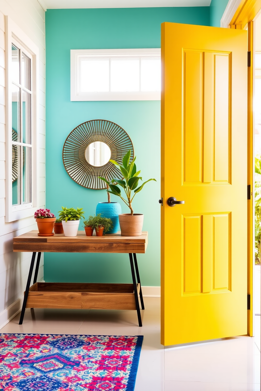 A bright and welcoming entryway features a bold yellow front door that stands out against a crisp white exterior. Inside, the walls are painted in a lively turquoise, complemented by a colorful area rug that adds warmth to the space. A stylish console table made of reclaimed wood is adorned with vibrant potted plants and a large round mirror with a sunburst design. The floor is finished with glossy tiles that reflect the natural light streaming in from a nearby window.