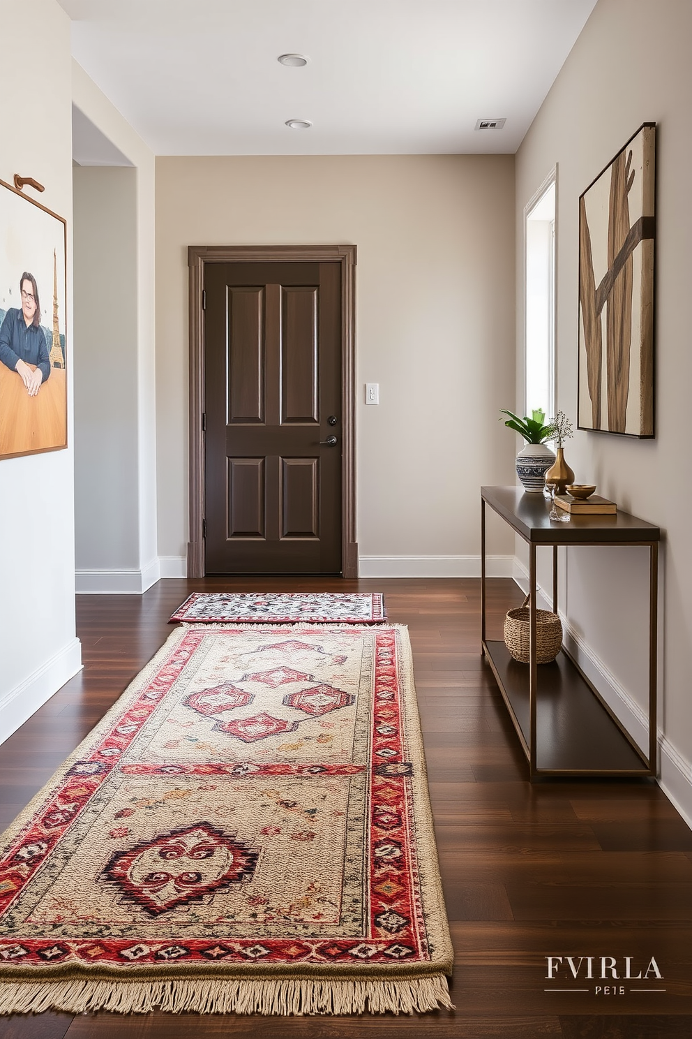 A stylish entryway features layered rugs in varying textures and colors, creating a warm and inviting atmosphere. The walls are adorned with contemporary art, and a sleek console table is positioned against one side, topped with decorative accents and a small potted plant.